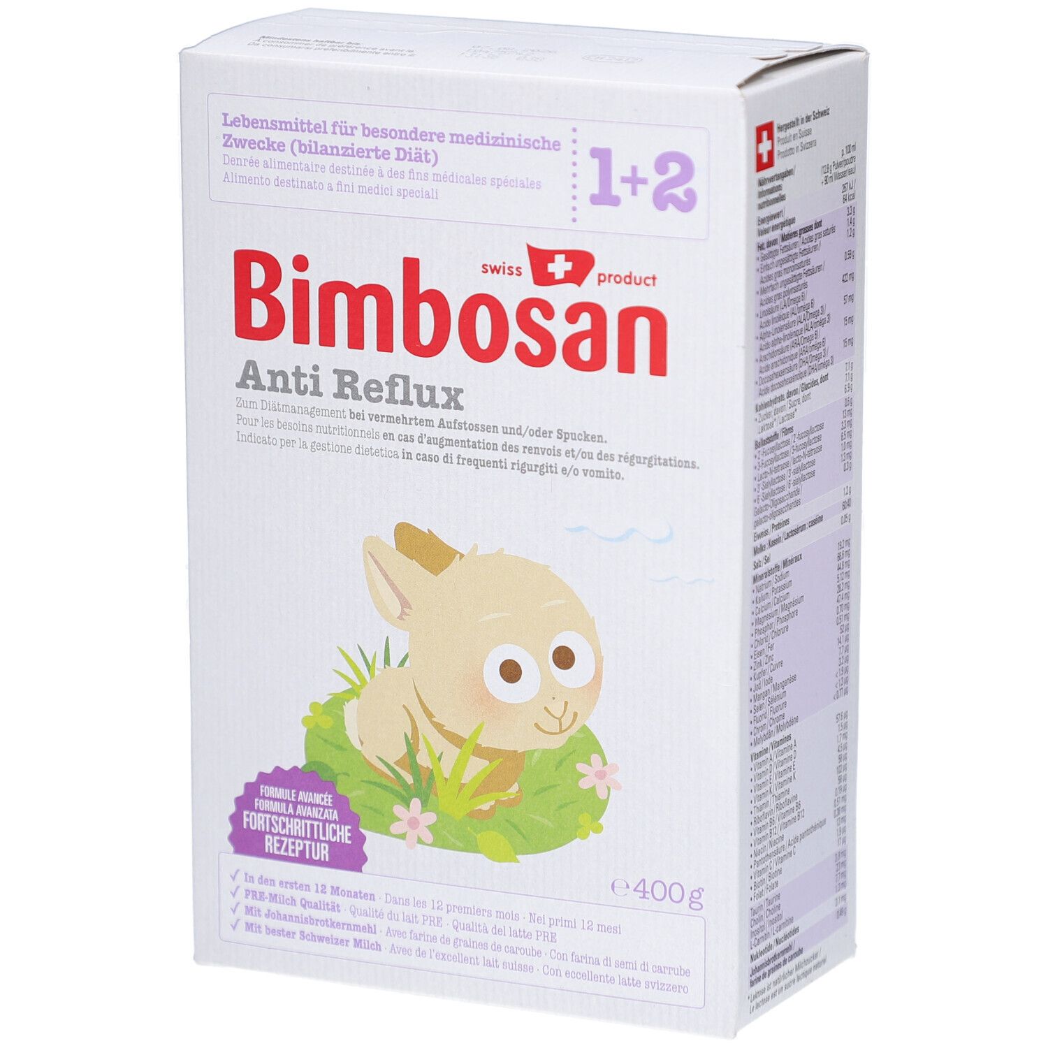 Doos Bimbosan Anti Reflux. Zwitsers product. Bevat DHA. 400g. Illustratie van een ezel.