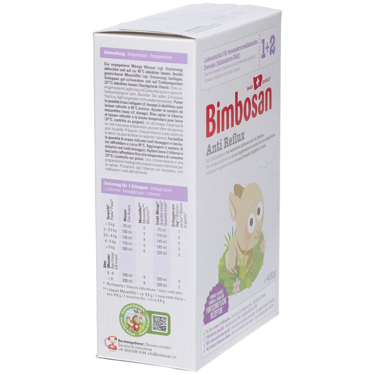 Achterkant verpakking Bimbosan Anti Reflux. Bevat bereidingsinstructies en voedingstabel.