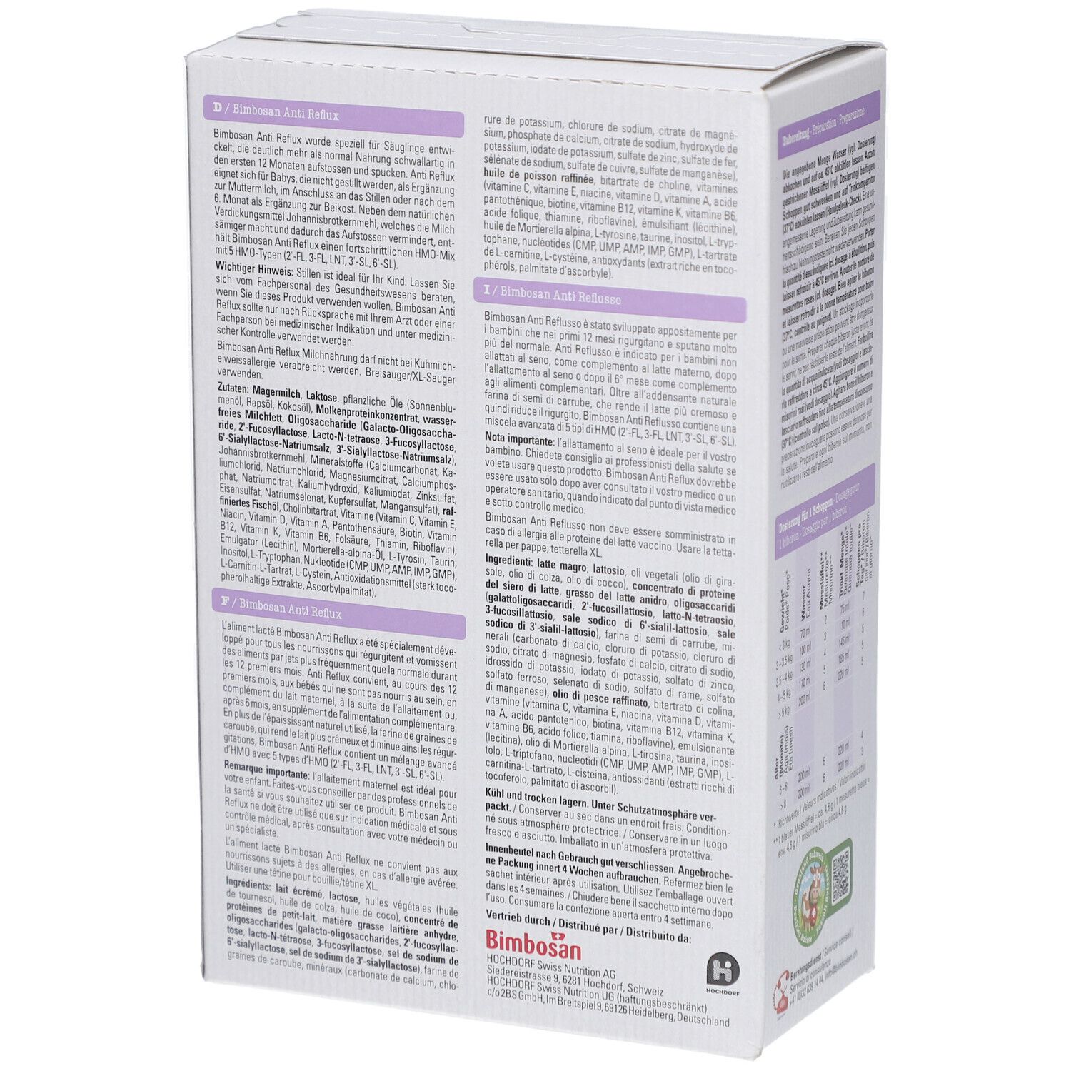 Achterkant verpakking Bimbosan Anti Reflux. Meertalige tekst. Ingrediëntenlijst en informatie.