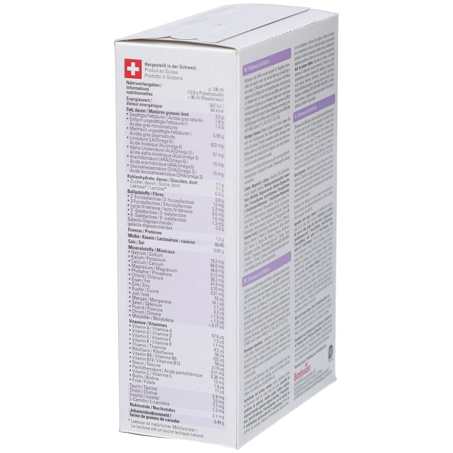 Achterkant verpakking Bimbosan Anti Reflux. Voedingswaarde en ingrediënten. Meertalige tekst.