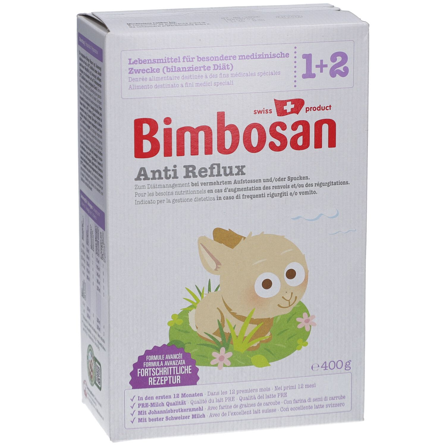 Voorkant verpakking Bimbosan Anti Reflux. Zwitsers product. Bevat DHA. 400g. Illustratie van een ezel.