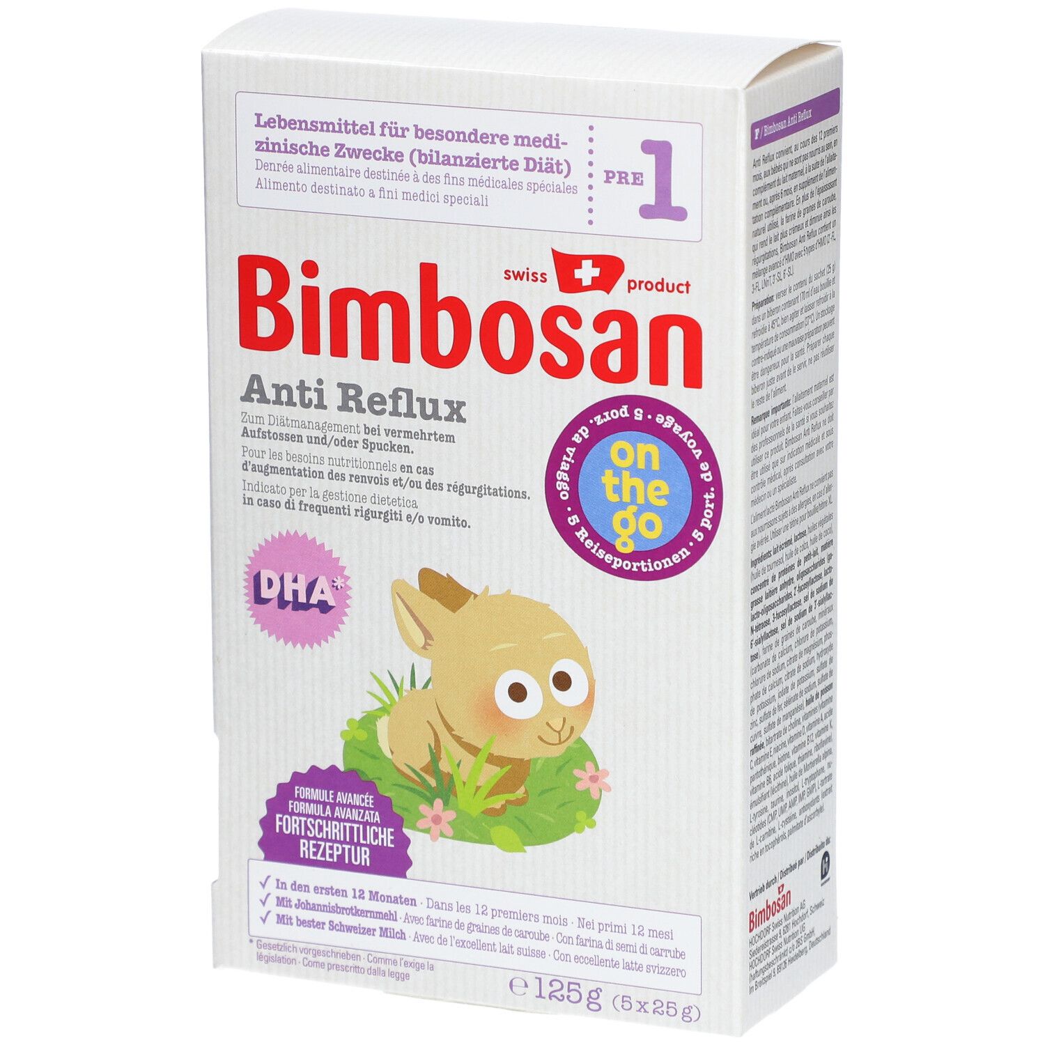 Doos Bimbosan Anti Reflux. Opschriften: PRE 1, DHA, logo, tekst. Illustratie van een konijn.