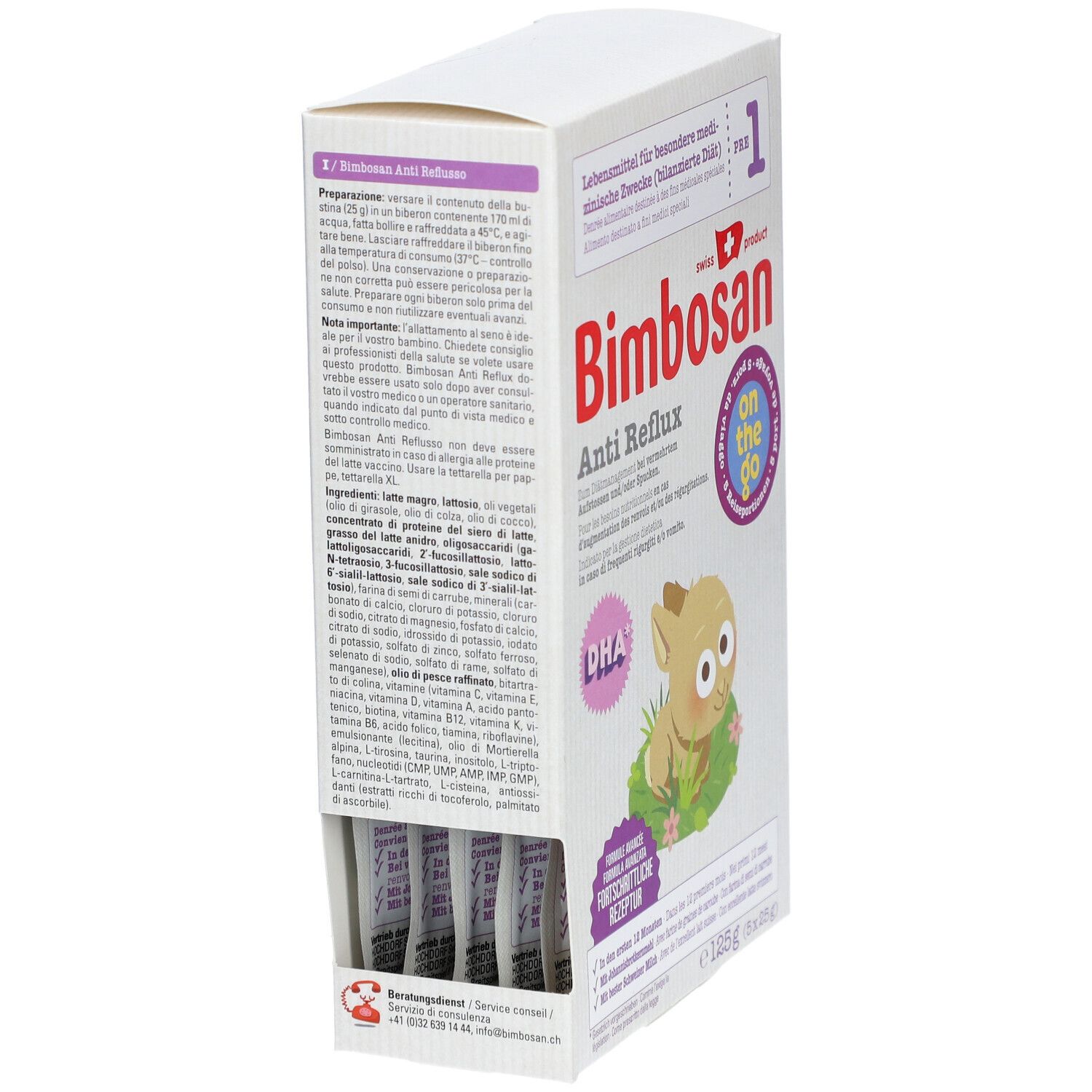 Open doos Bimbosan Anti Reflux, met individuele porties. Tekst en logo zichtbaar.