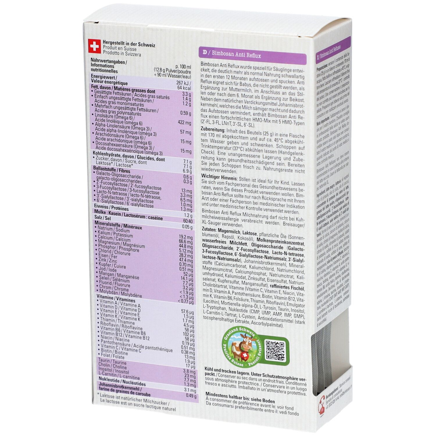 Achterkant van de Bimbosan Anti Reflux verpakking. Tekst in meerdere talen. Voedingswaarde en ingrediënten.