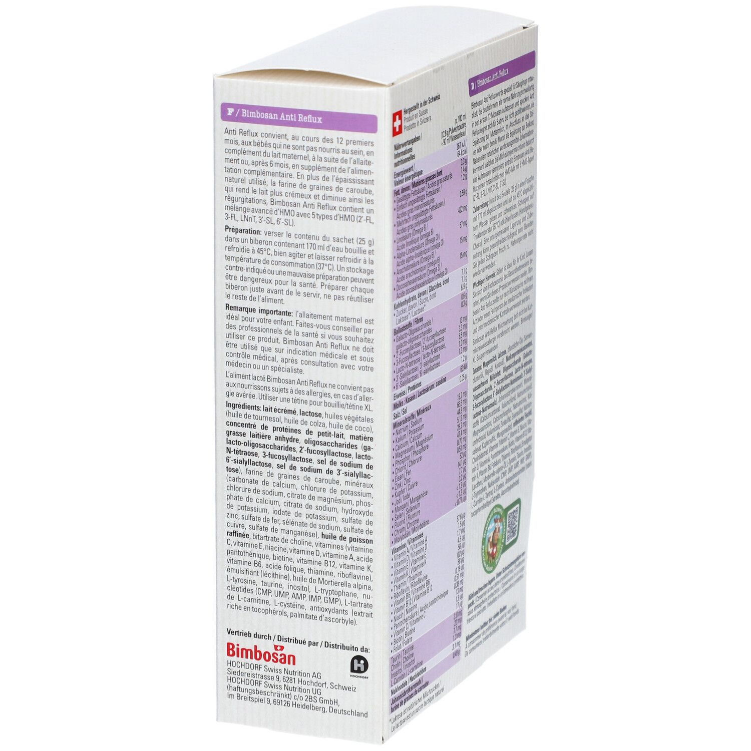 Zijaanzicht van de Bimbosan Anti Reflux verpakking. Tekst in meerdere talen. Productinformatie.