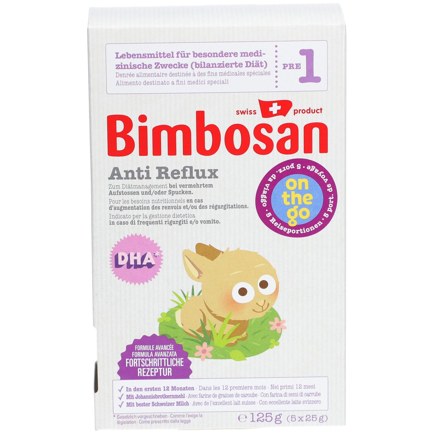 Doos Bimbosan Anti Reflux. Opschriften: PRE 1, DHA, logo, tekst. Illustratie van een konijn.