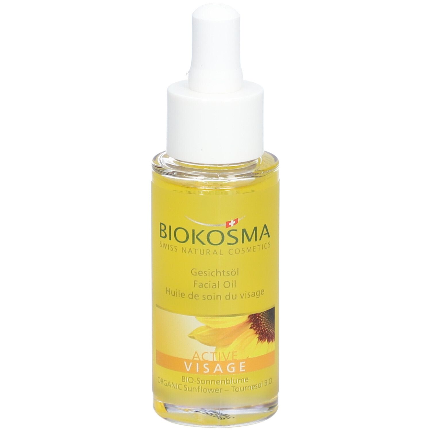 Gezichtsolie fles met pipet. BIOKOSMA logo, 'Active Visage'. Gele vloeistof, zonnebloem illustratie.