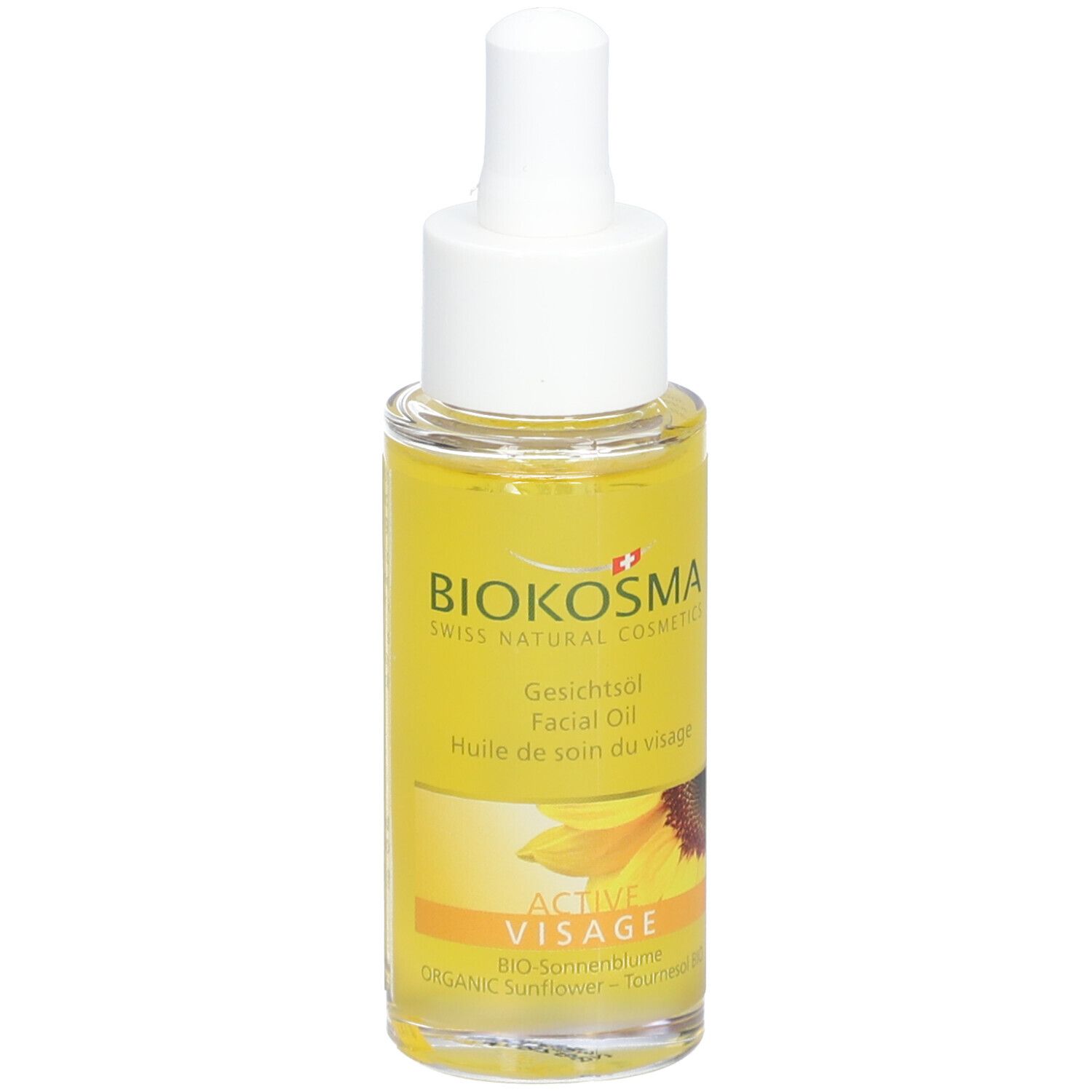 Gezichtsolie fles met pipet. BIOKOSMA logo, 'Active Visage'. Gele vloeistof, zonnebloem illustratie.