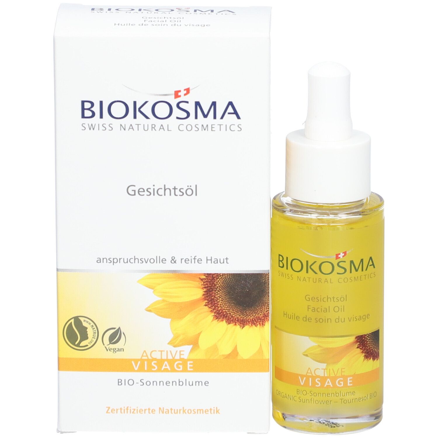 Gezichtsolie fles en verpakking. BIOKOSMA logo, 'Gesichtsöl', 'Active Visage'. Zonnebloem illustratie.