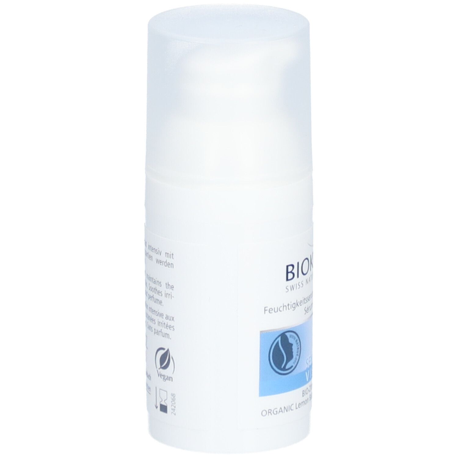 Biokosma Moisturising Serum. Witte fles, zijaanzicht. Tekst: Vegan, logo. Tekst achterkant.