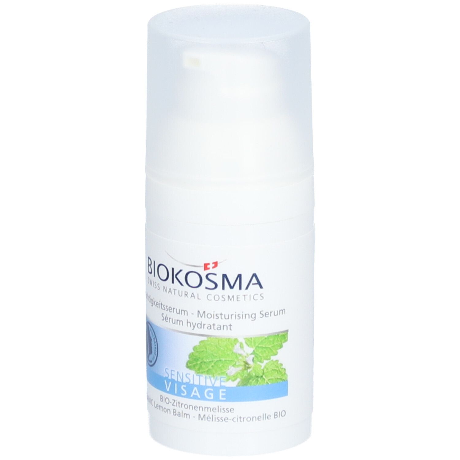 Biokosma Moisturising Serum. Witte fles met pomp. Tekst: Sensitive Visage, Bio citroenmelisse. Blad-logo.