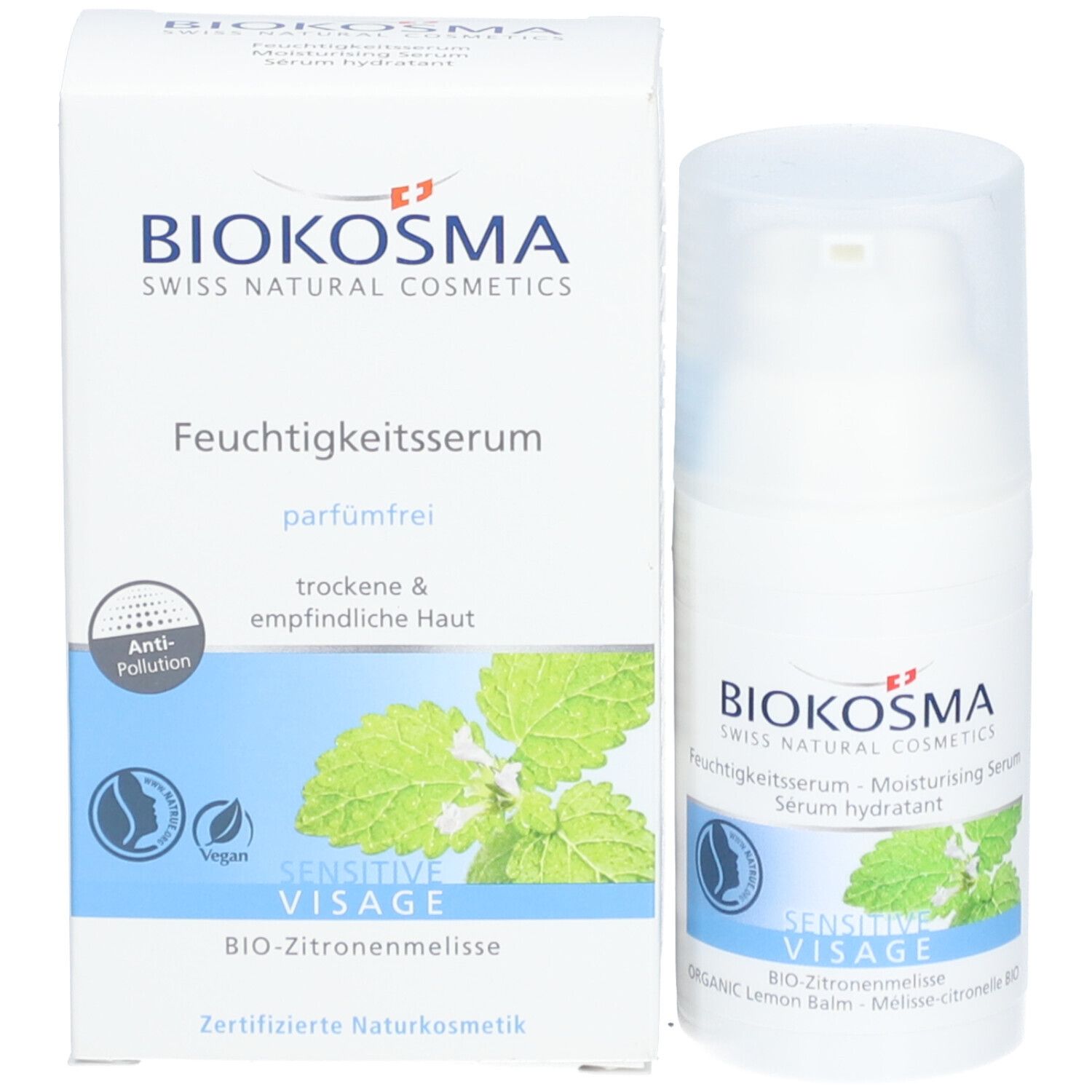 Biokosma Moisturising Serum en verpakking. Witte fles en doos. Tekst: Sensitive Visage, Bio citroenmelisse.