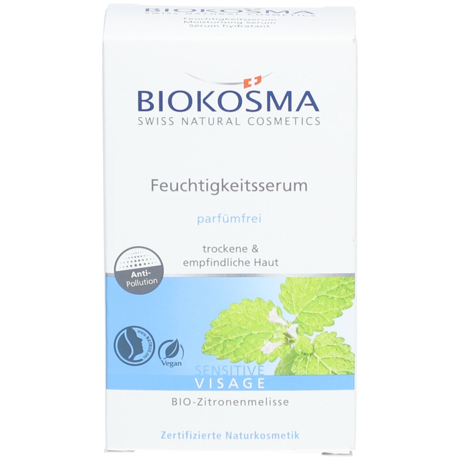 Biokosma Moisturising Serum verpakking. Witte doos. Tekst: Sensitive Visage, Bio citroenmelisse. Logo.