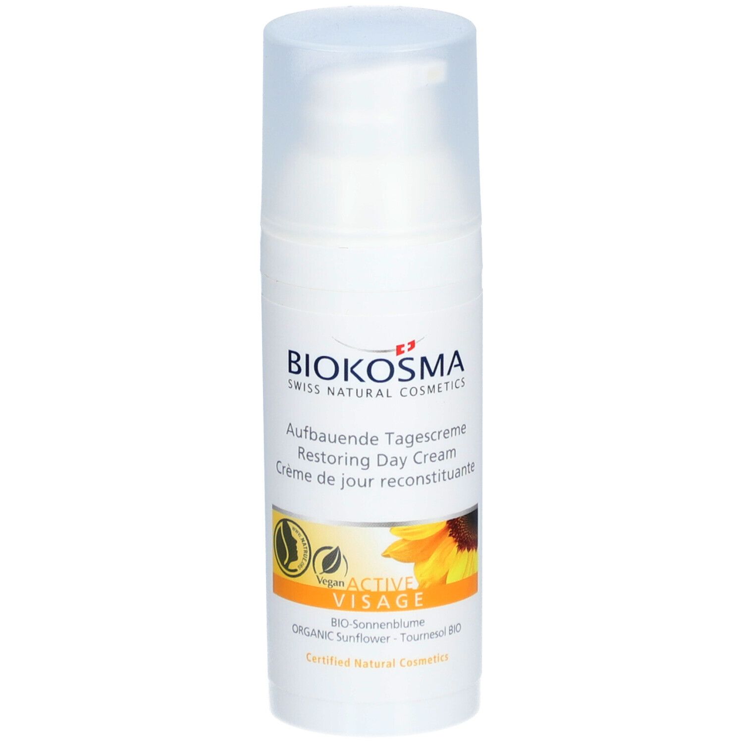Crème de jour reconstituante BIOKOSMA Active Visage. Flacon blanc avec pompe. Inscription: Aufbauende Tagescreme, Crème de jour reconstituante.
