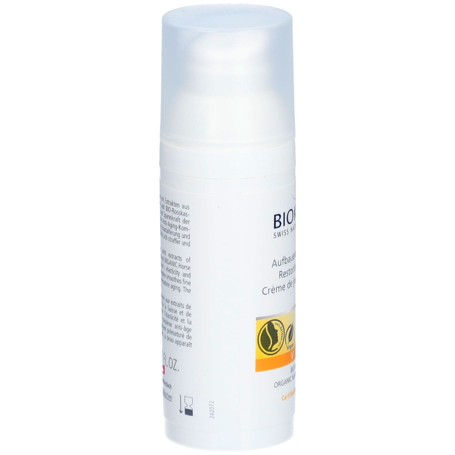 Crème de jour reconstituante BIOKOSMA Active Visage. Flacon blanc avec texte. Inscription: Aufbauende Tagescreme, Crème de jour reconstituante. Vegan.