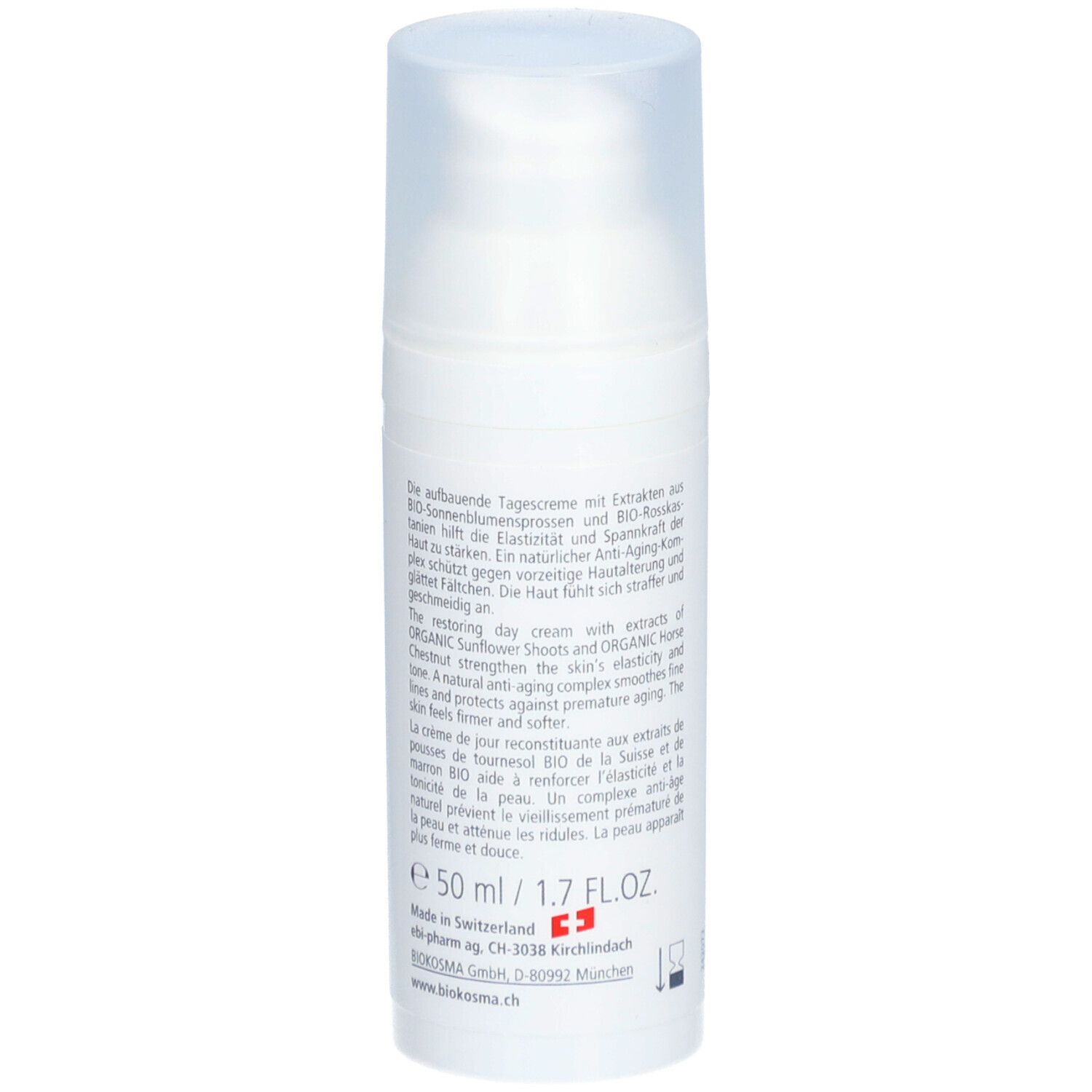 Crème de jour reconstituante BIOKOSMA Active Visage. Flacon blanc avec texte. Inscription: Aufbauende Tagescreme, Crème de jour reconstituante. 50 ml.