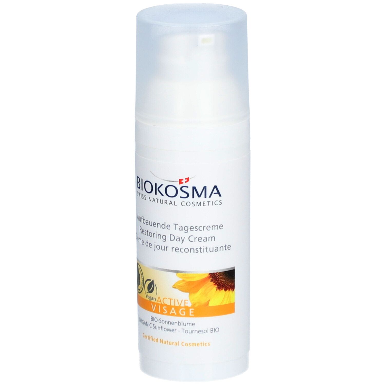 Crème de jour reconstituante BIOKOSMA Active Visage. Flacon blanc avec pompe. Inscription: Aufbauende Tagescreme, Crème de jour reconstituante.
