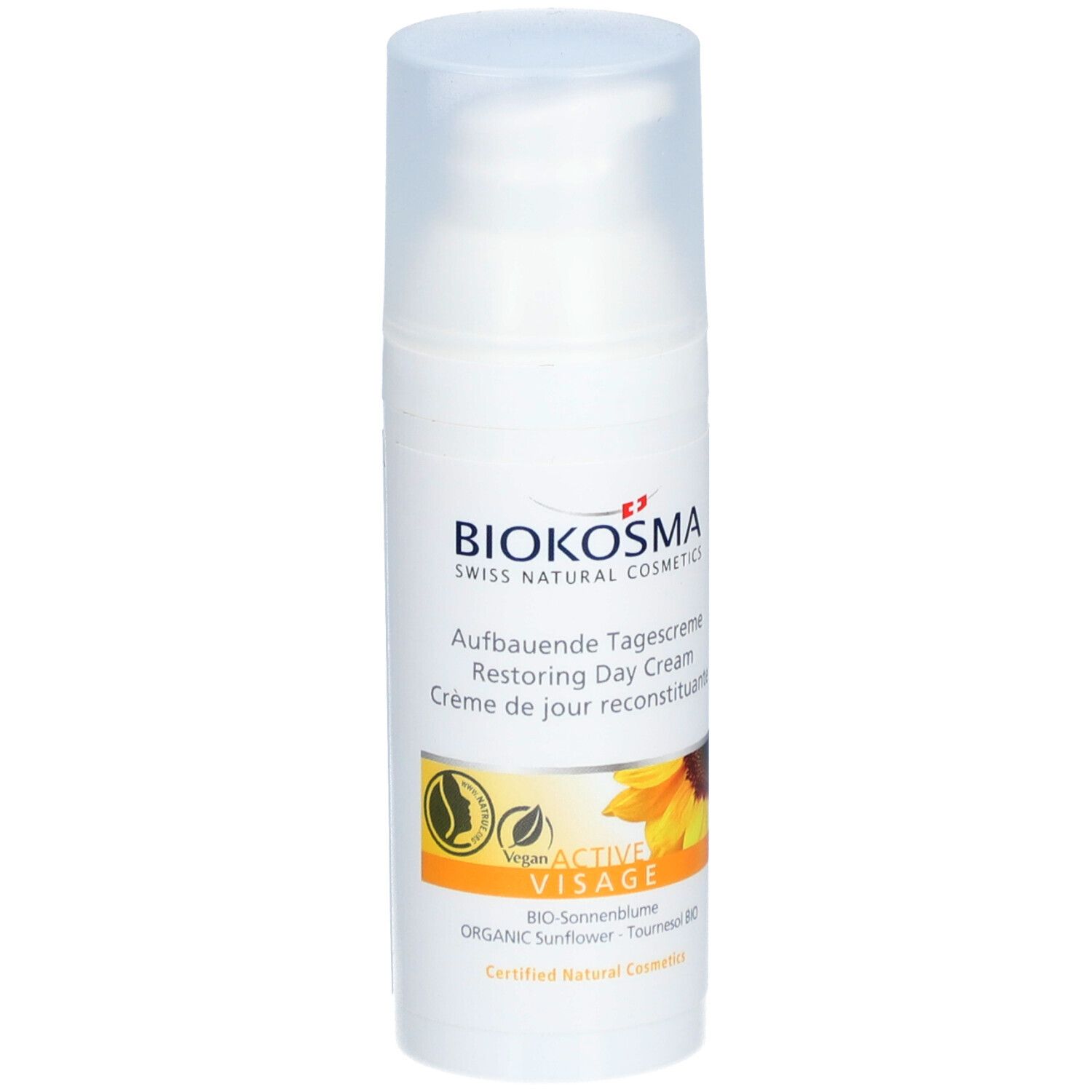 Crème de jour reconstituante BIOKOSMA Active Visage. Flacon blanc avec pompe. Inscription: Aufbauende Tagescreme, Crème de jour reconstituante.