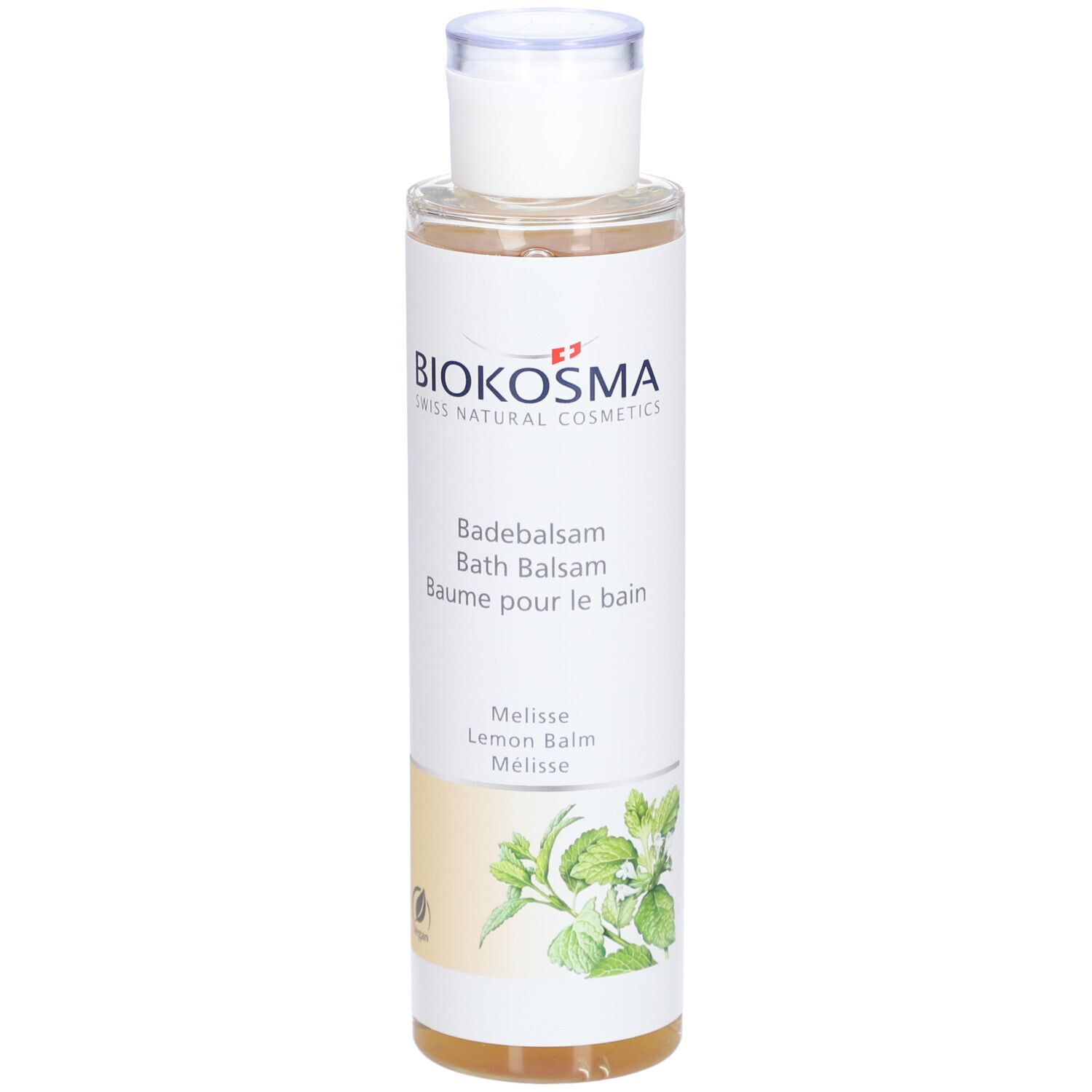 BIOKOSMA Baume de bain Mélisse. Bouteille avec bouchon blanc. Étiquette avec nom du produit, logo et illustration de mélisse.
