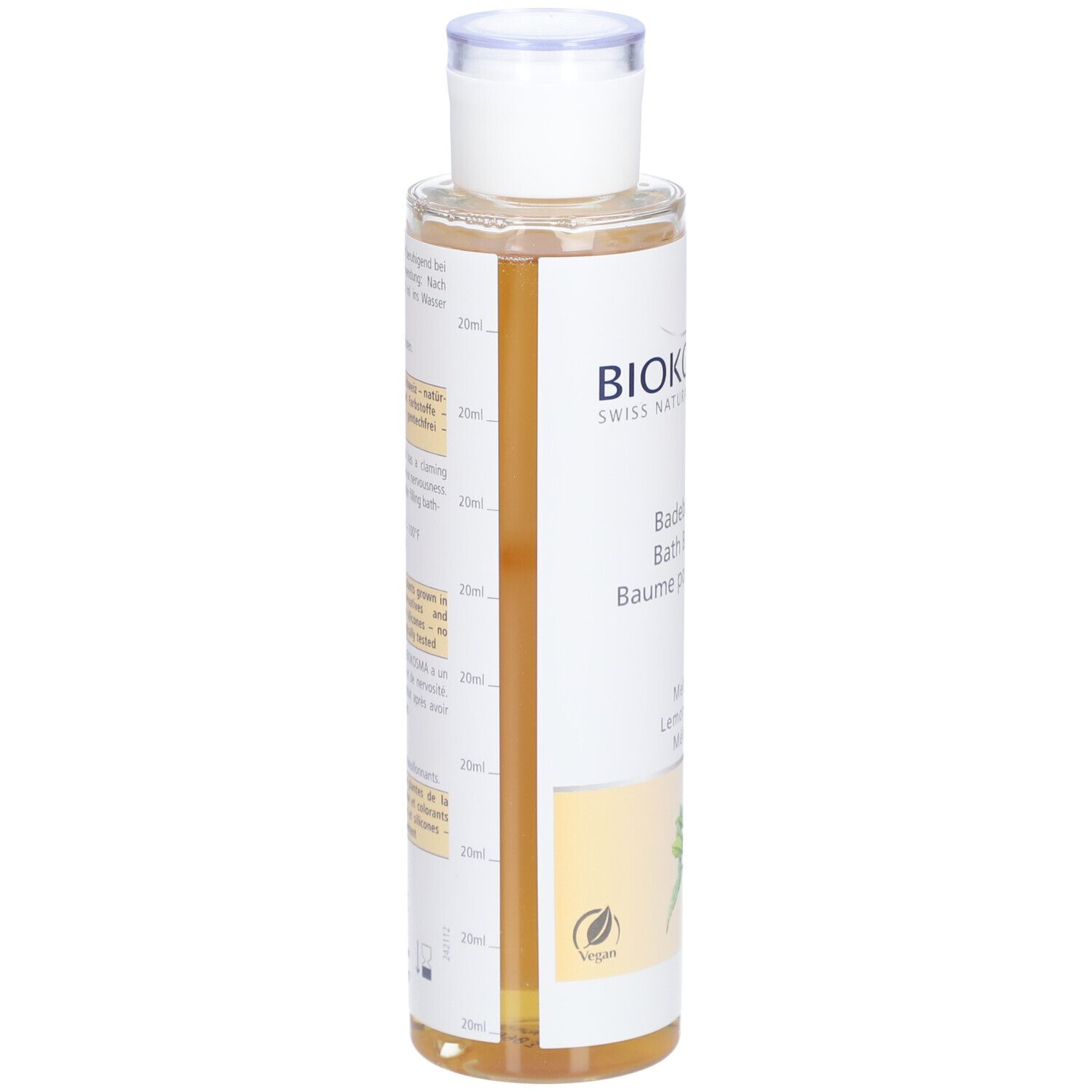 BIOKOSMA Baume de bain Mélisse. Bouteille, vue latérale. Étiquette avec informations produit et logo. Sceau végétalien.