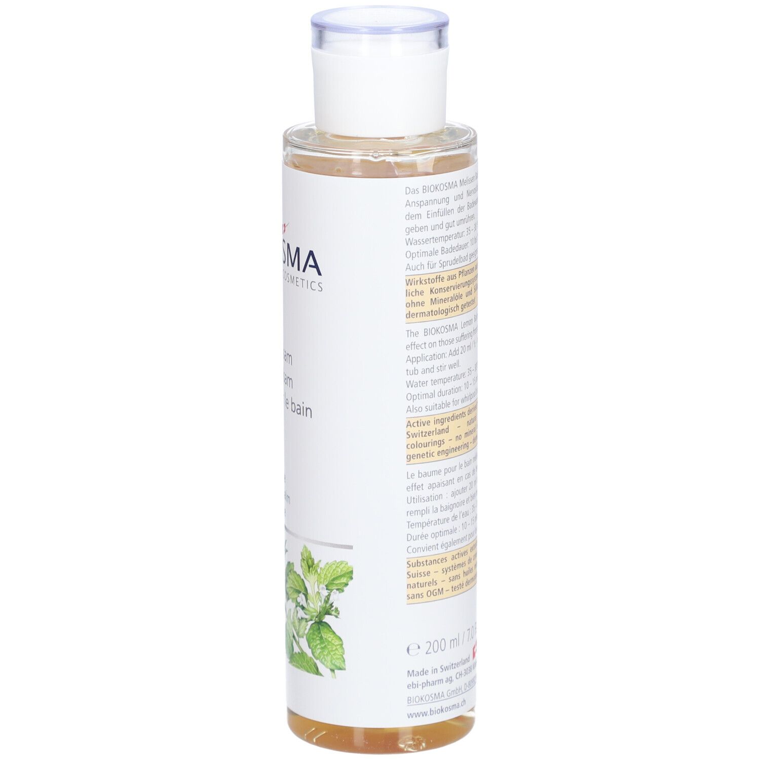BIOKOSMA Baume de bain Mélisse. Bouteille, gros plan du dos de l'étiquette avec informations produit et logo.