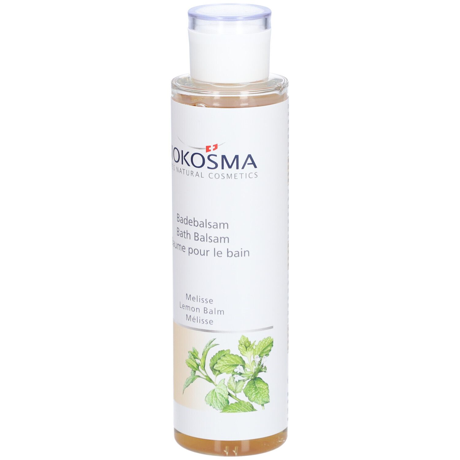 BIOKOSMA Baume de bain Mélisse. Bouteille avec bouchon blanc. Étiquette avec nom du produit, logo et illustration de mélisse.