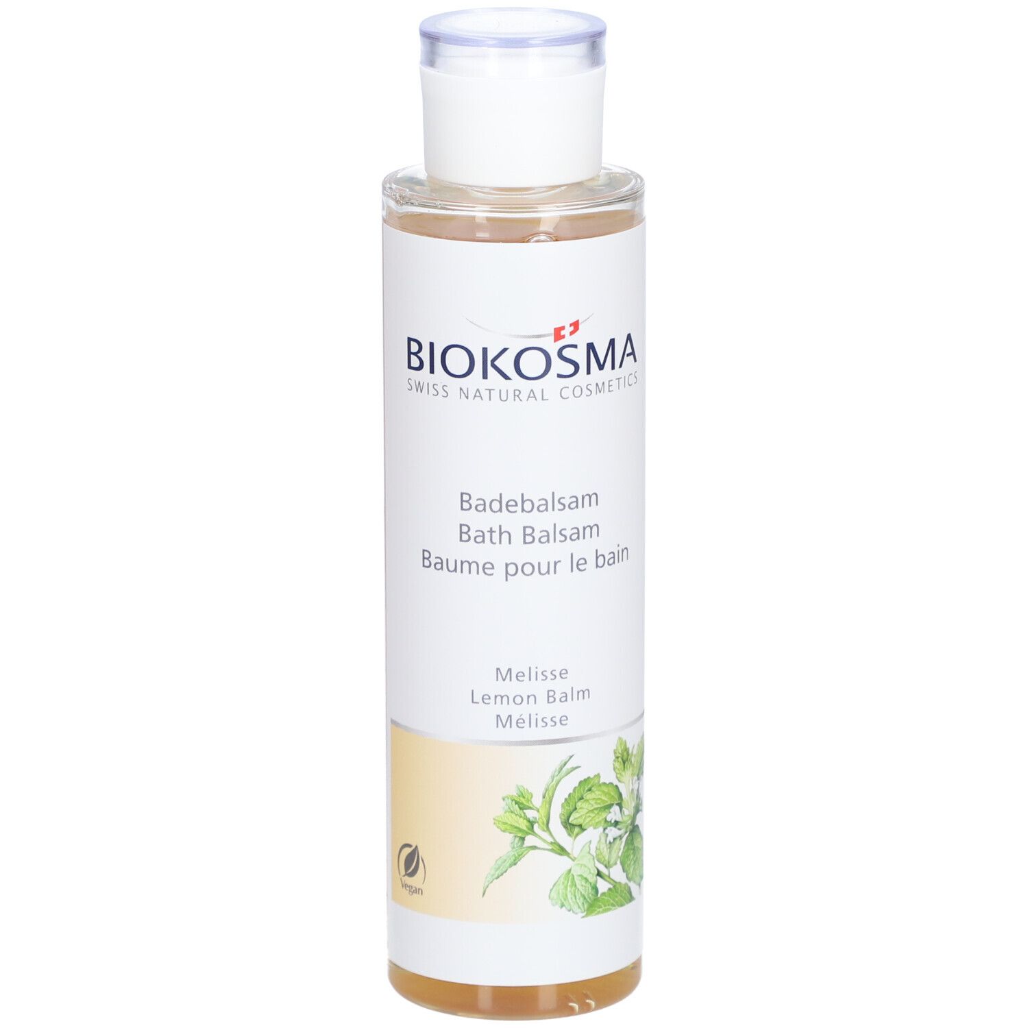 BIOKOSMA Baume de bain Mélisse. Bouteille avec bouchon blanc. Étiquette avec nom du produit, logo et illustration de mélisse.