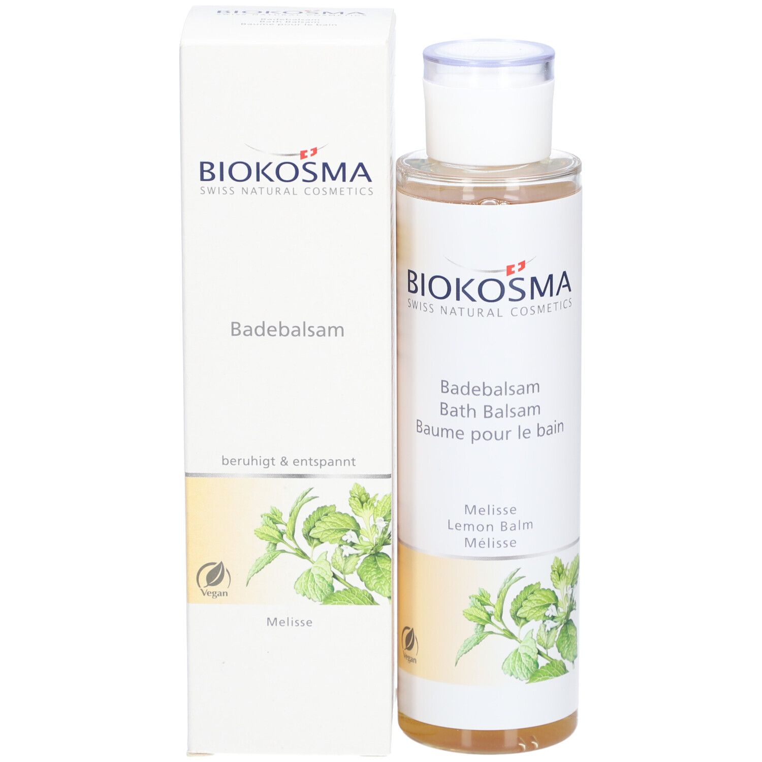 BIOKOSMA Baume de bain Mélisse et emballage. Bouteille et boîte. Boîte avec nom du produit, logo et illustration de mélisse.