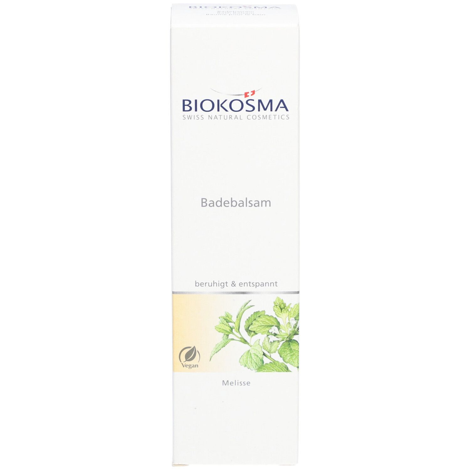 BIOKOSMA Baume de bain Mélisse. Emballage, vue détaillée. Boîte avec nom du produit, logo et illustration de mélisse.
