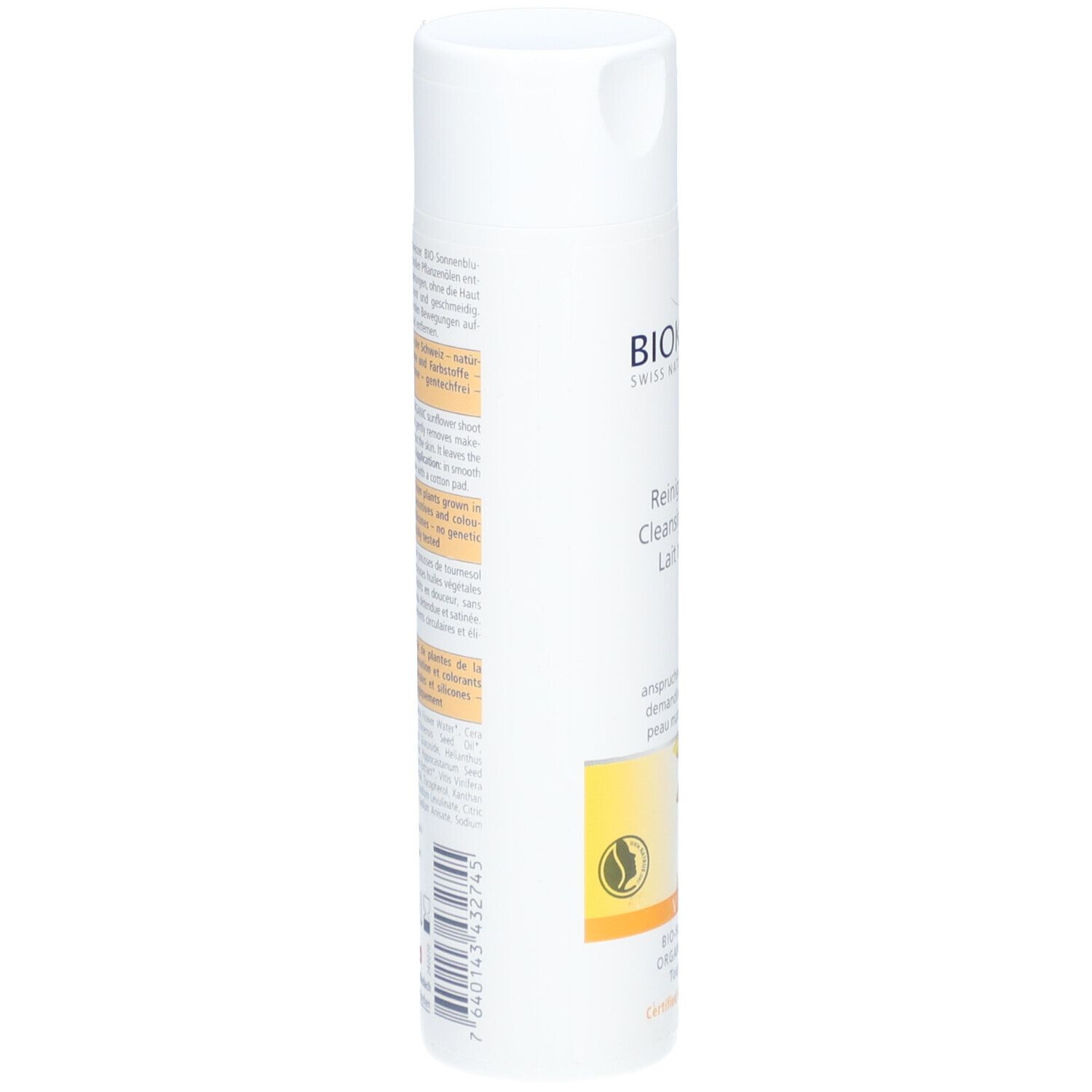 Flacon blanc BIOKOSMA Lait Nettoyant Active Visage. Dos avec texte. Tournesol et symbole de certification.