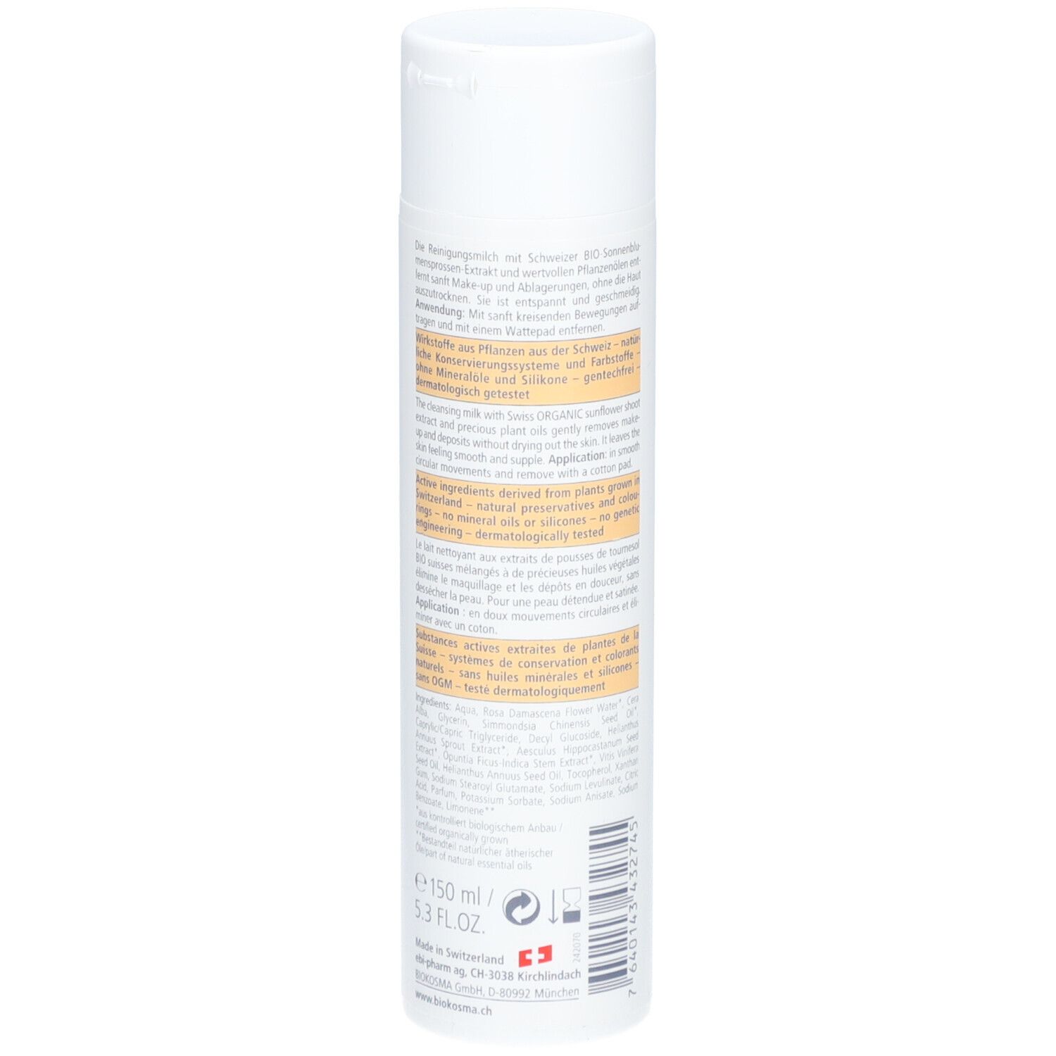 Flacon blanc BIOKOSMA Lait Nettoyant Active Visage. Vue détaillée du dos avec texte et certifications.