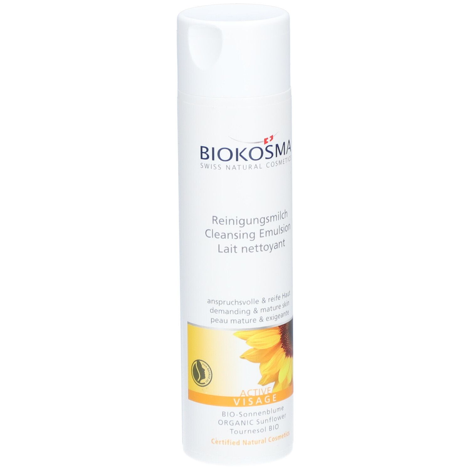 Flacon blanc BIOKOSMA Lait Nettoyant Active Visage. Texte: Reinigungsmilch, Cleansing Emulsion, Lait nettoyant. Tournesol.
