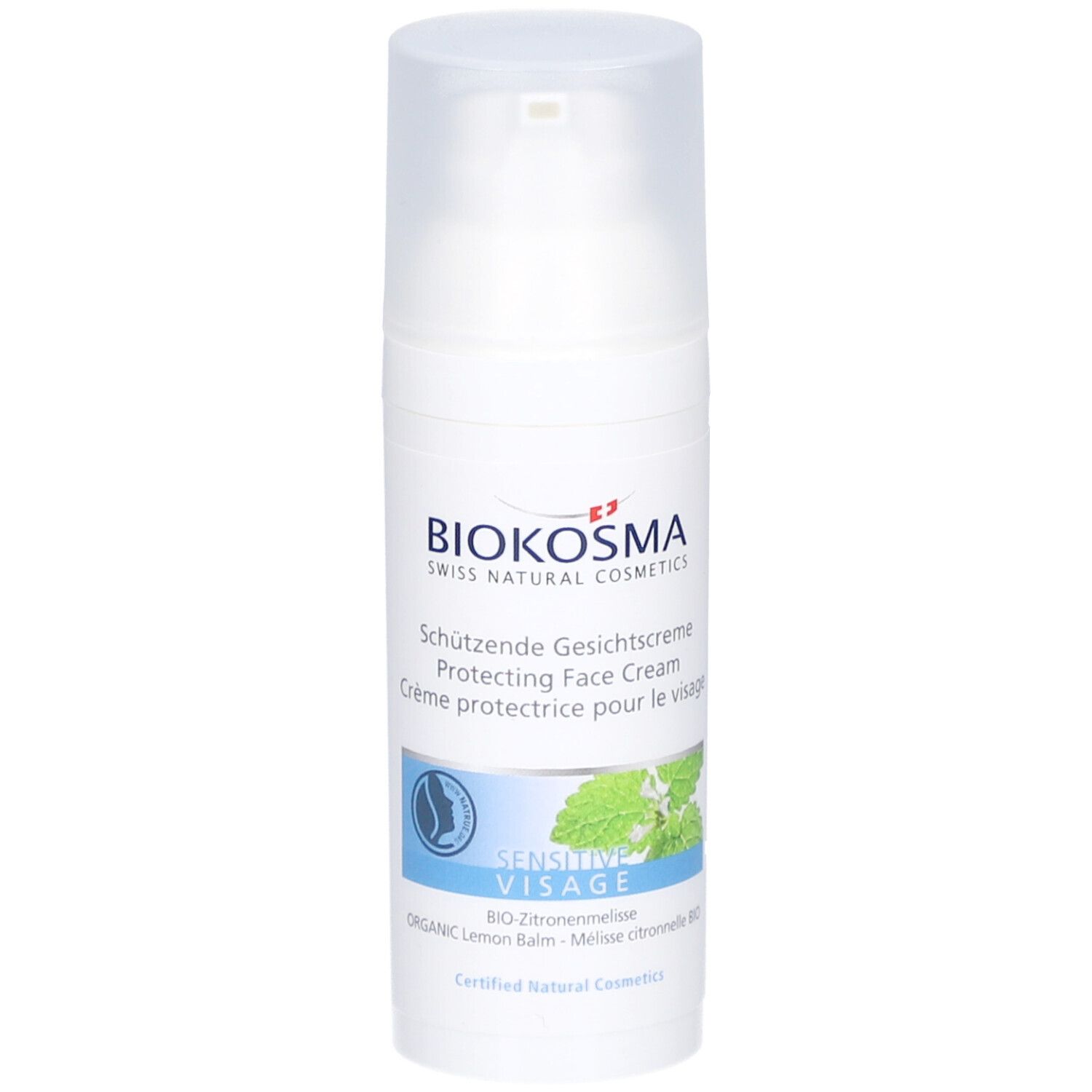 BIOKOSMA Sensitive Visage. Witte fles met klapdeksel. Opschrift: Schützende Gesichtcreme, Protecting Face Cream, Crème protectrice pour le visage.