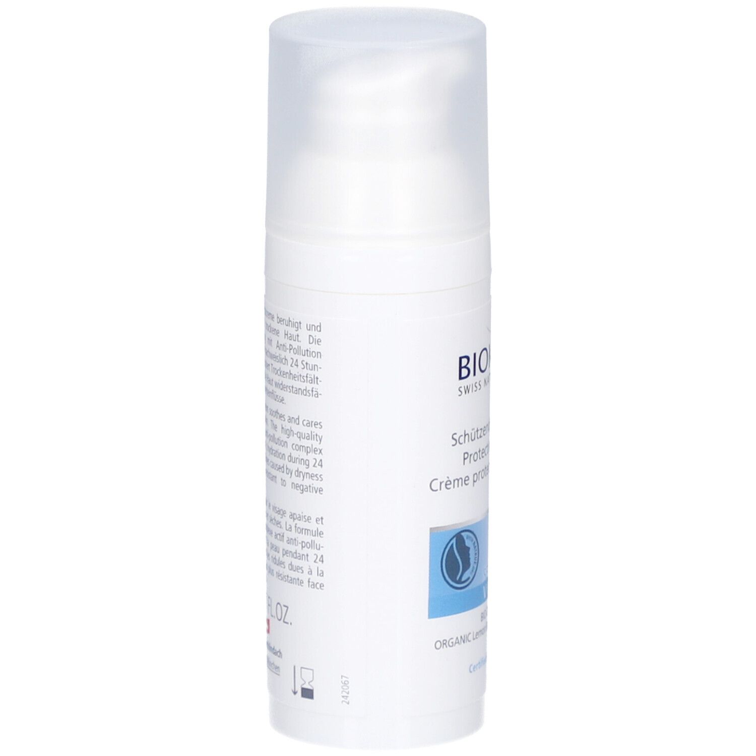 BIOKOSMA Sensitive Visage. Witte fles met klapdeksel. Opschrift en logo. Blauwe markering met tekst. Achterkant met tekst.