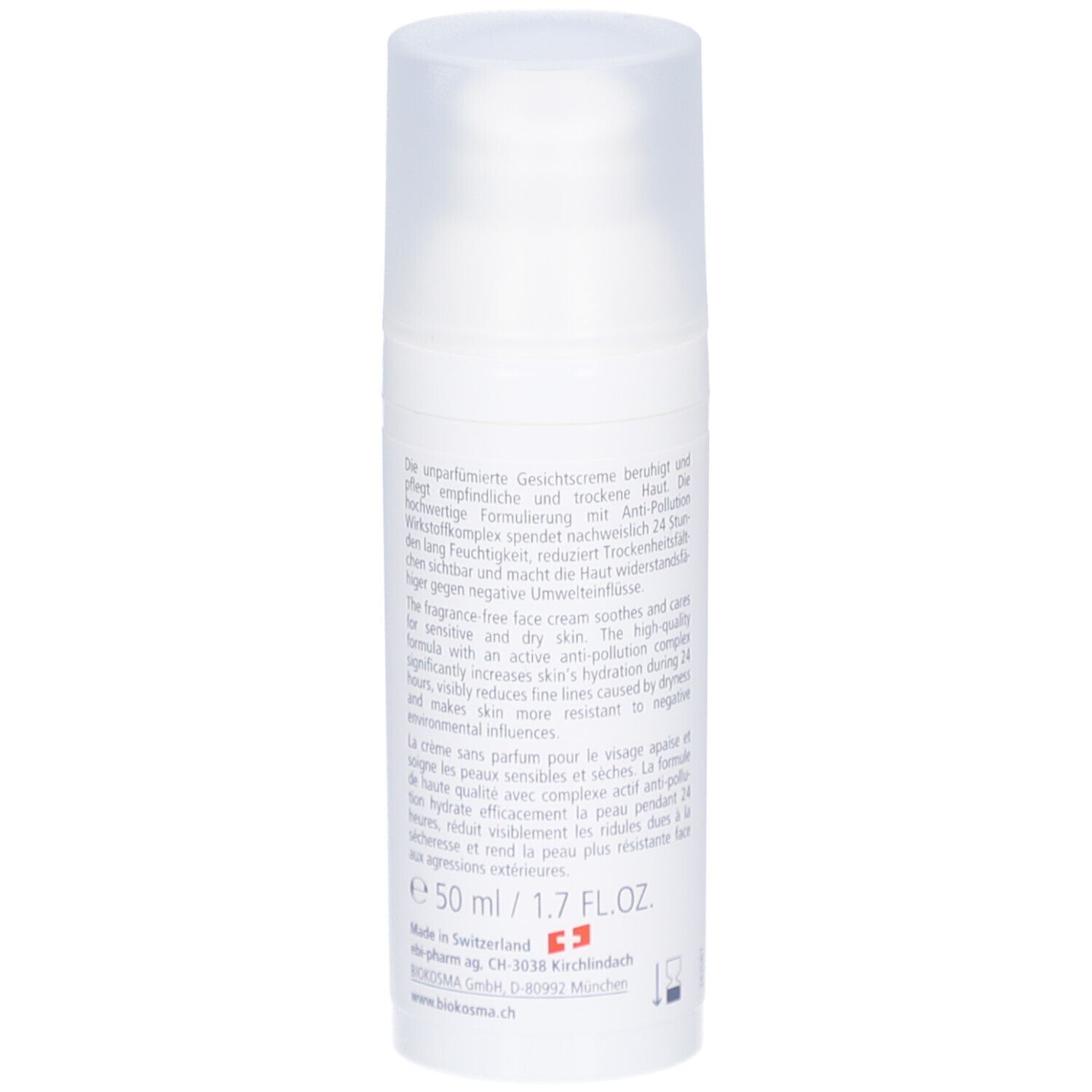 BIOKOSMA Sensitive Visage. Witte fles met klapdeksel. Achterkant met tekst. 50 ml / 1.7 FL.OZ. Made in Switzerland.