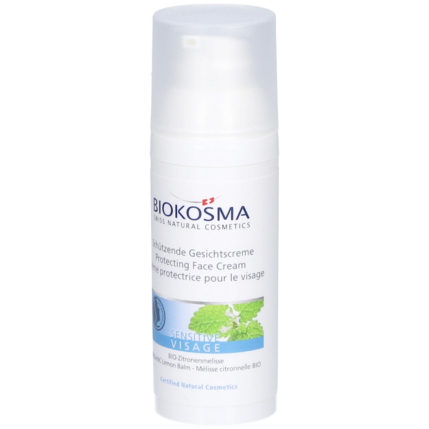 BIOKOSMA Sensitive Visage. Witte fles met klapdeksel. Opschrift: Schützende Gesichtcreme, Protecting Face Cream, Crème protectrice pour le visage.