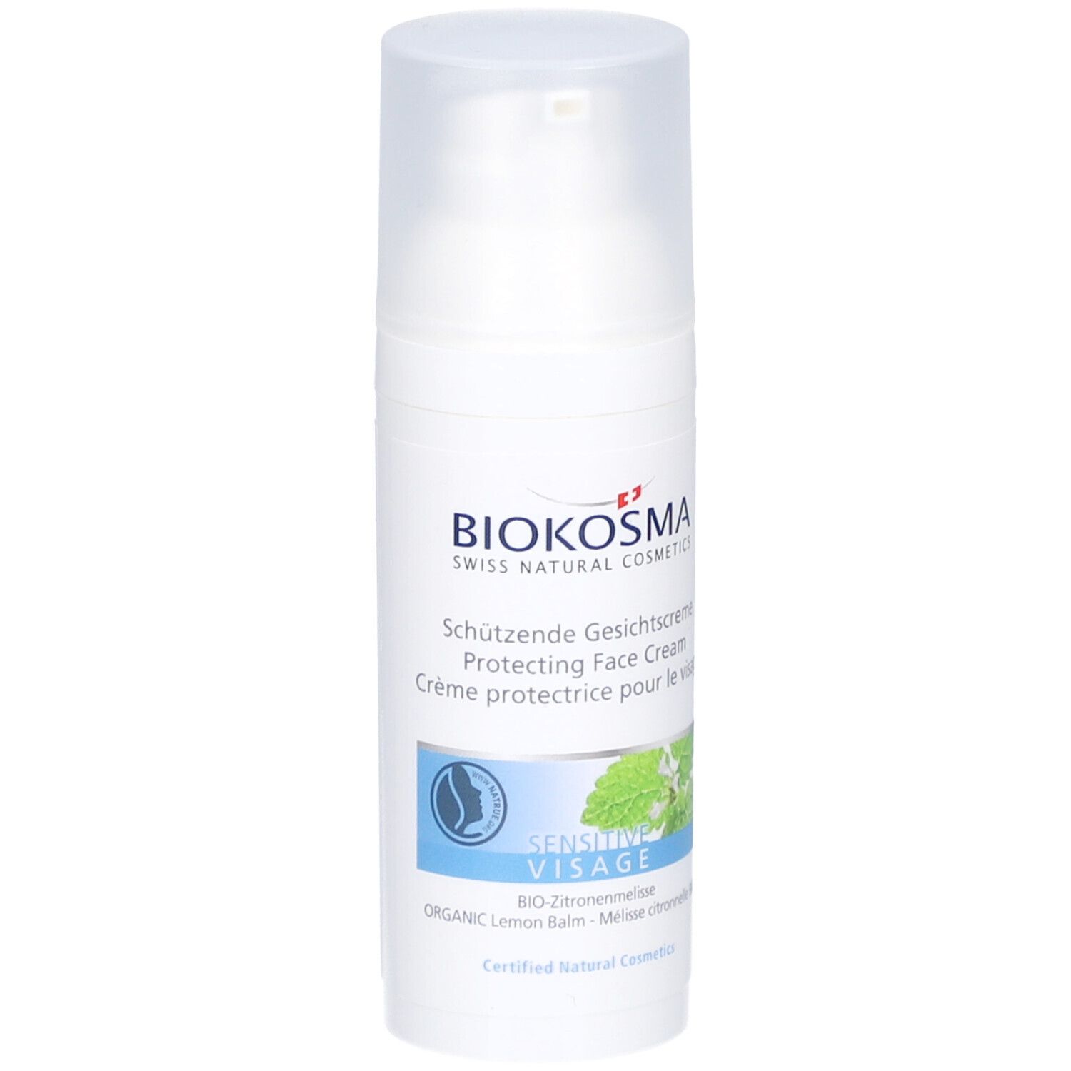 BIOKOSMA Sensitive Visage. Witte fles met klapdeksel. Opschrift: Schützende Gesichtcreme, Protecting Face Cream, Crème protectrice pour le visage.