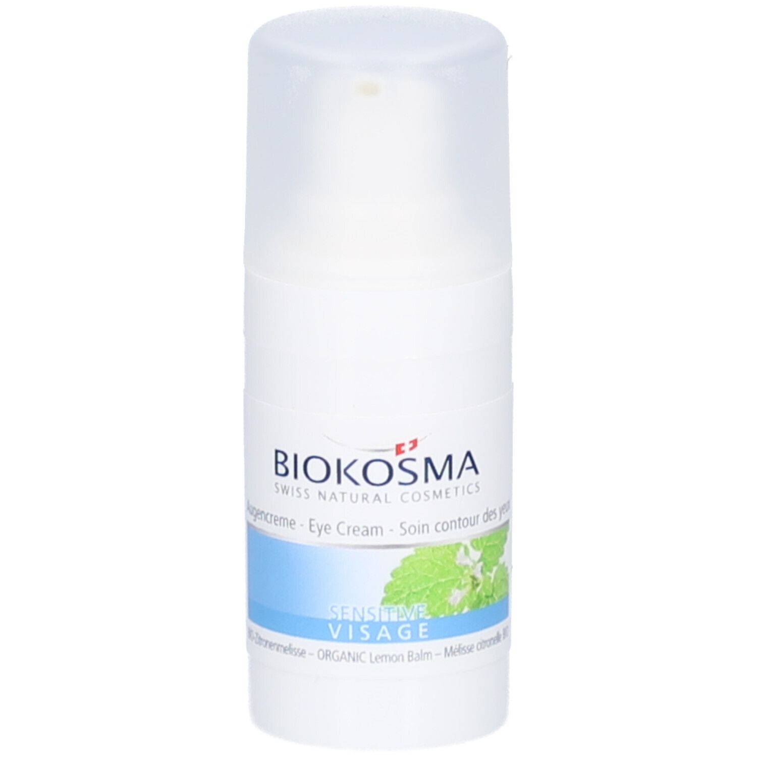 Witte BIOKOSMA-fles. Opschrift: Sensitive Visage. Blauwe en groene accenten. Oogcrème.