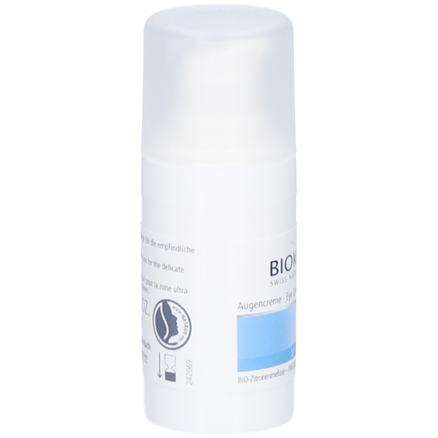 Witte BIOKOSMA-fles. Tekst in het Duits en Frans. Productinformatie en pictogrammen.