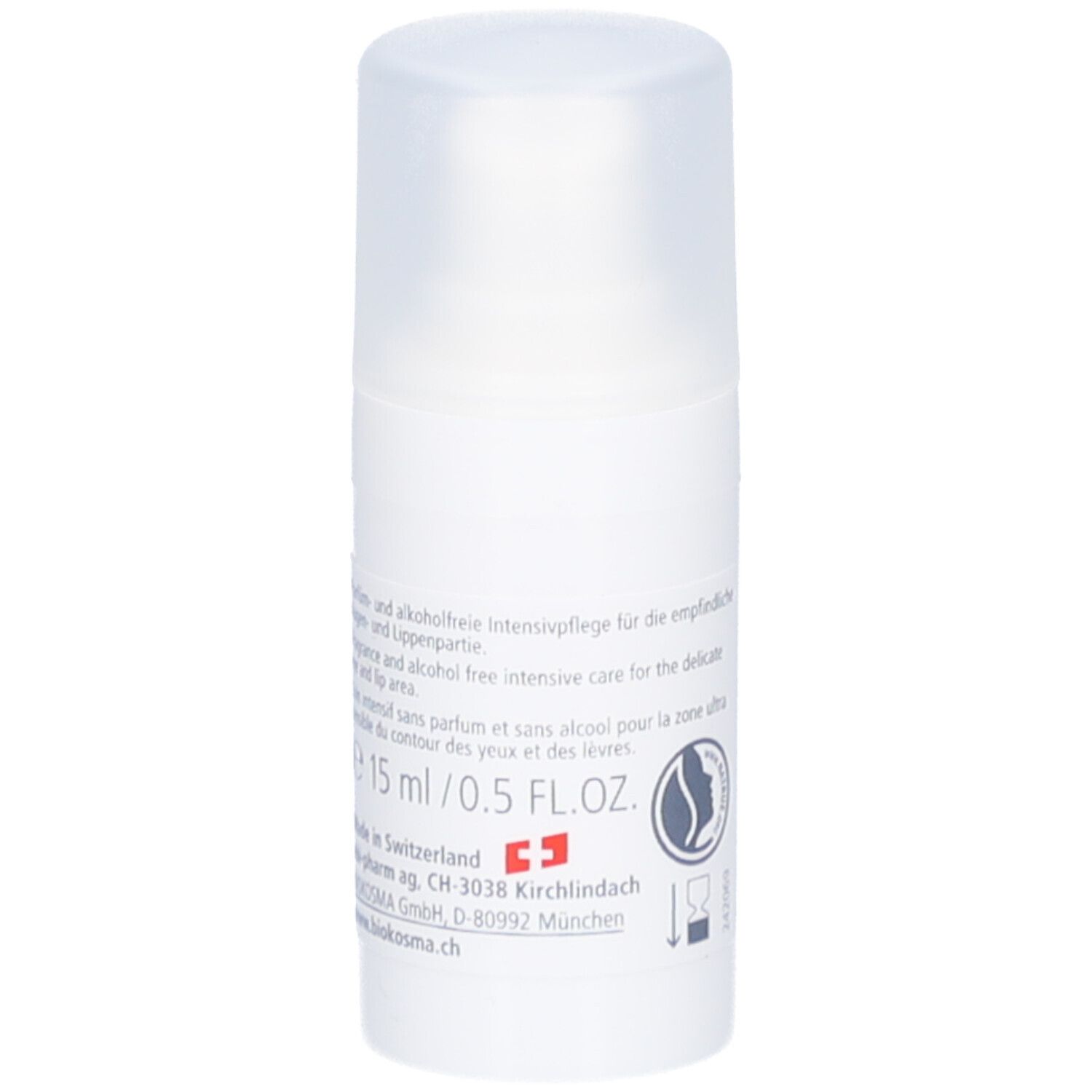 Witte BIOKOSMA-fles. Tekst in het Duits en Frans. Volume: 15 ml. Gemaakt in Zwitserland.