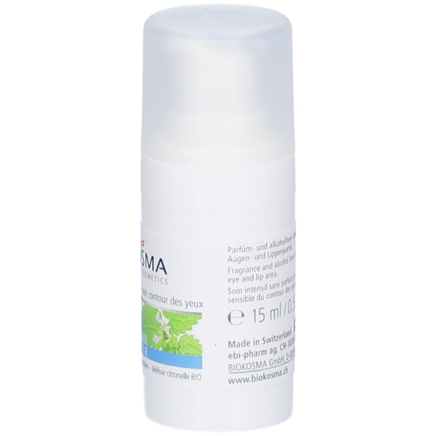 Witte BIOKOSMA-fles. Tekst in het Duits en Frans. Productnaam en ingrediënten.