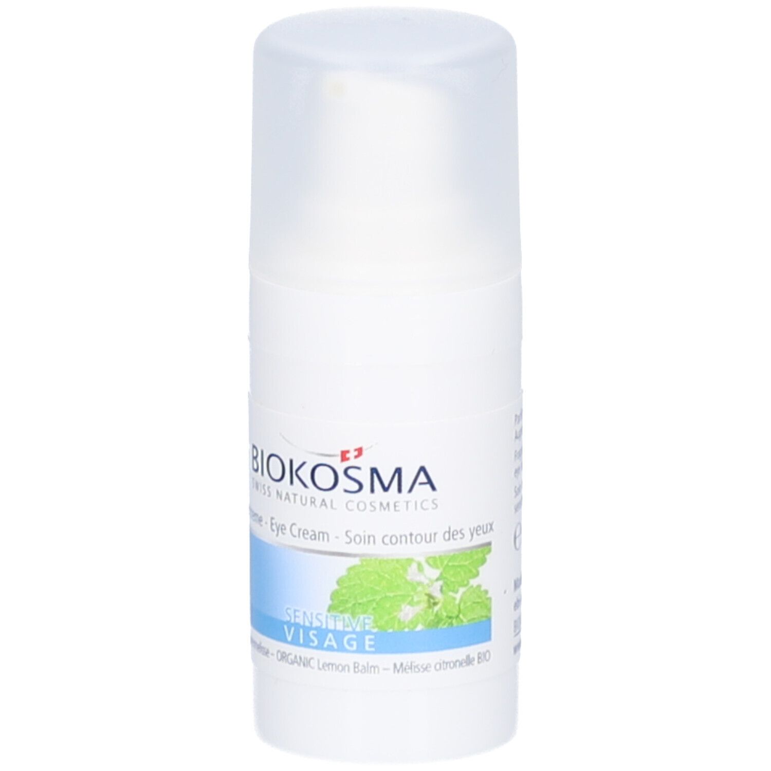 Witte BIOKOSMA-fles. Opschrift: Sensitive Visage. Blauwe en groene accenten. Oogcrème.