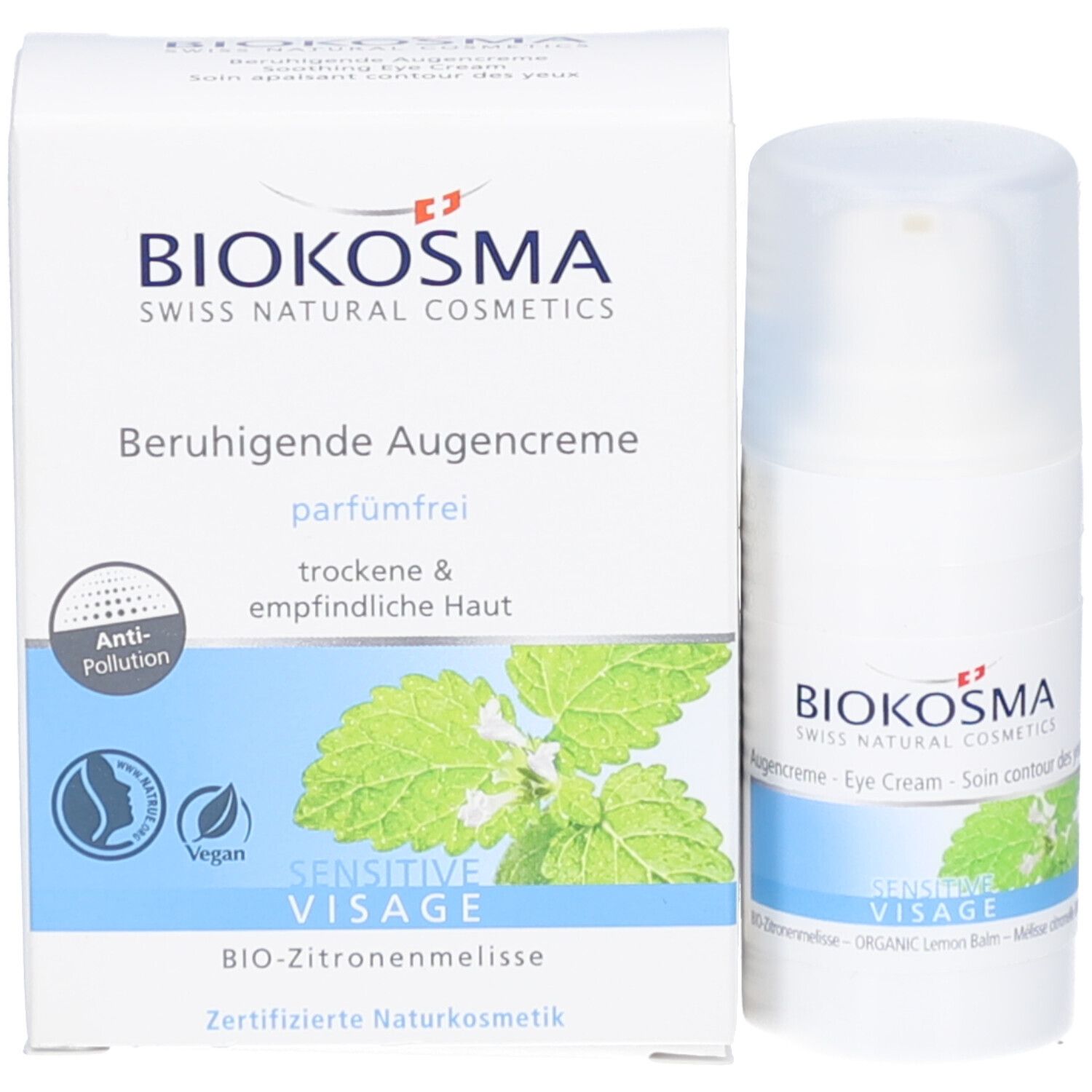 Productverpakking en fles. BIOKOSMA-logo en productnaam. Opschrift: Verzachtende oogcrème. Vegan.