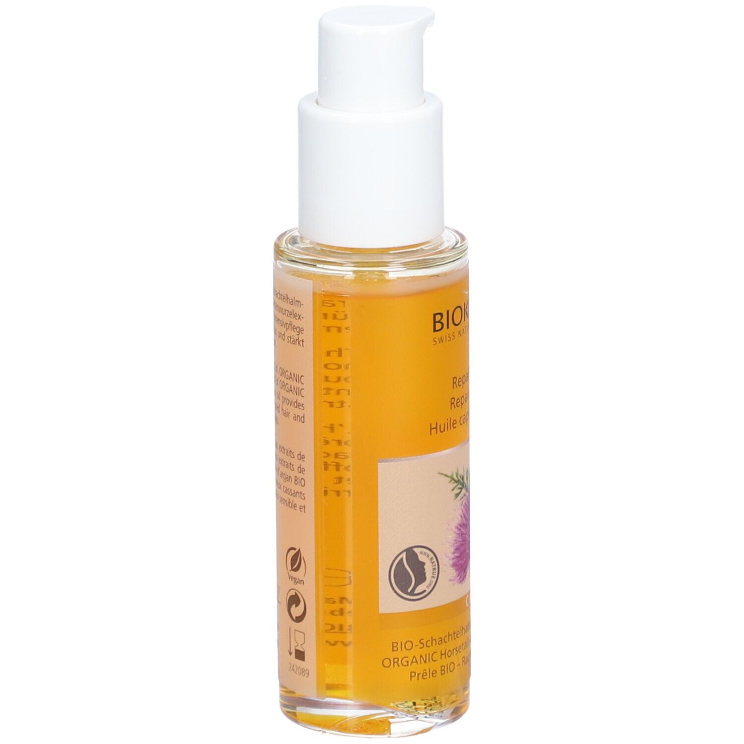 BIOKOSMA Repair Haarolie. Fles met pompsluiting. Zijaanzicht met tekst en logo. Bio-certificering.