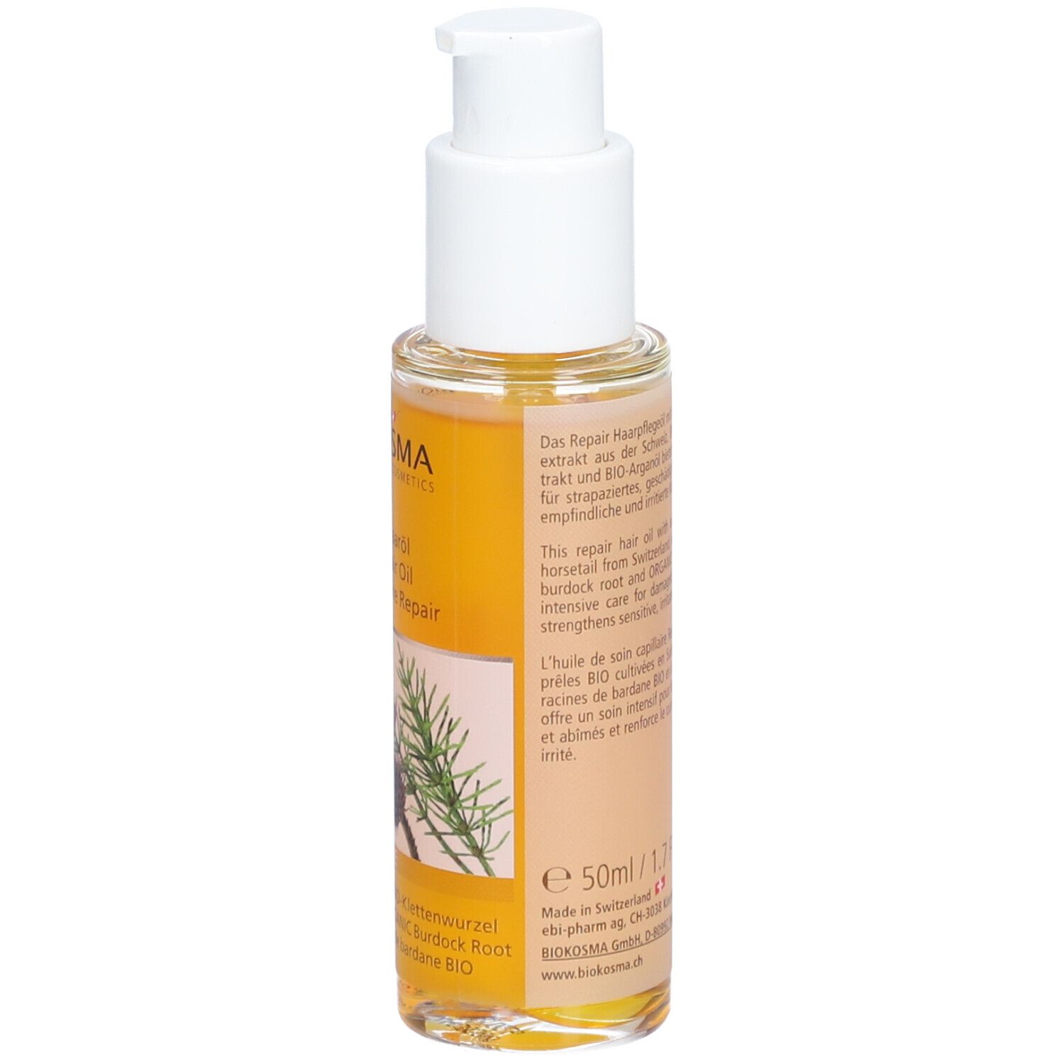 BIOKOSMA Repair Haarolie. Fles met pompsluiting. Achterkant met tekst. 50ml/1.7 fl.oz. Vegan logo.