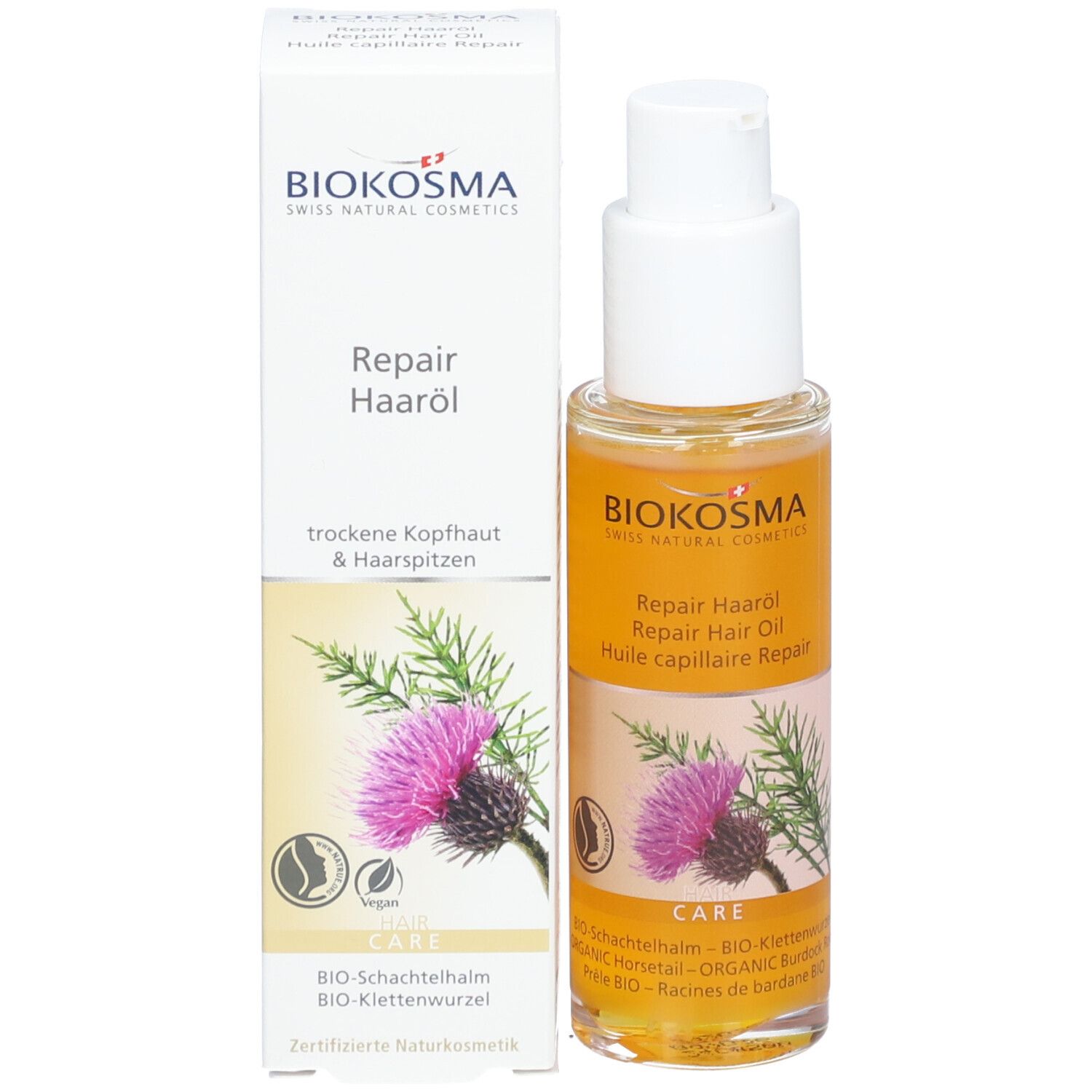 BIOKOSMA Repair Haarolie en verpakking. Fles met pompsluiting en doos. Productnaam en illustratie.
