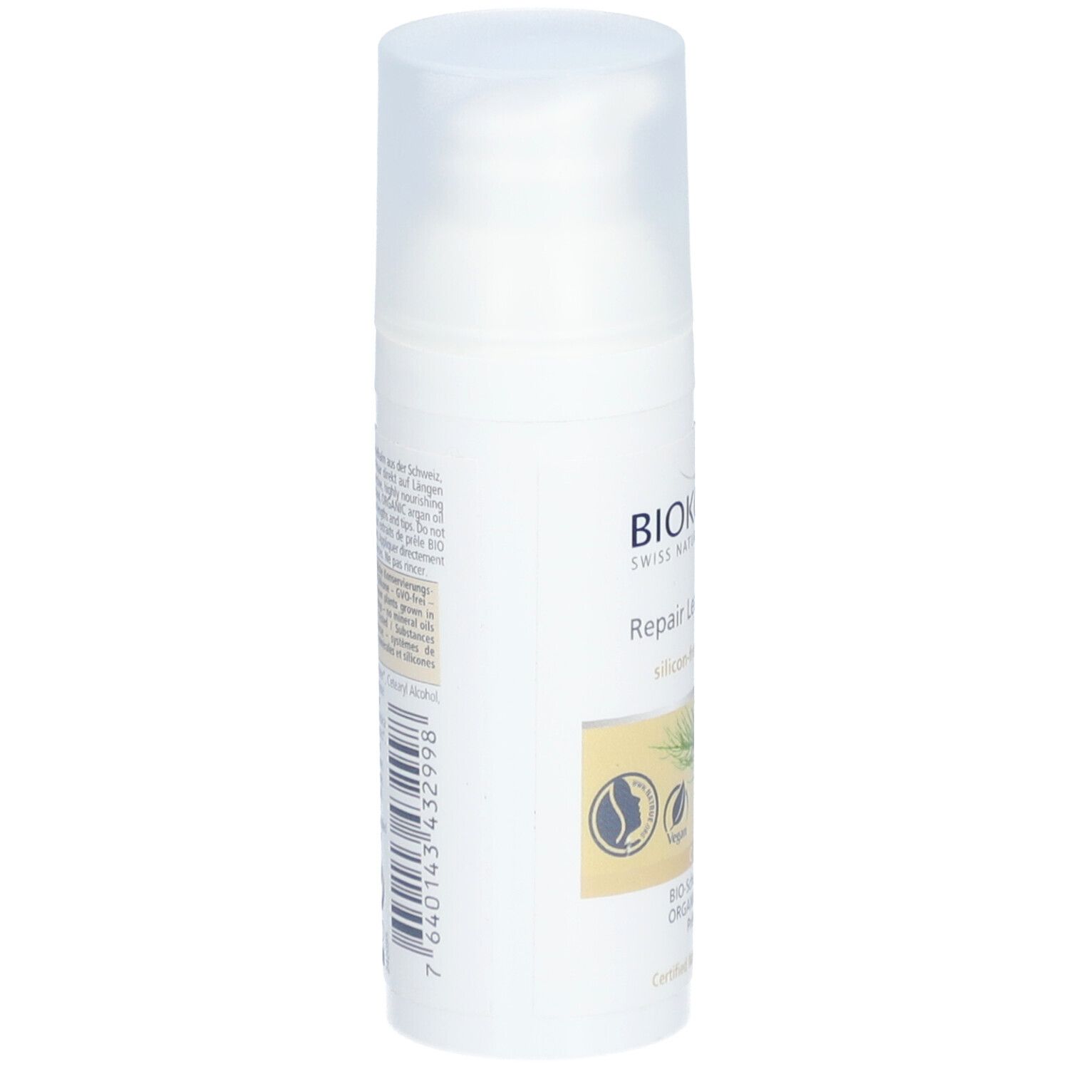 Witte fles met pomp. Tekst en barcode op de zijkant. Productnaam: Biokosma Repair Leave-in Balm.