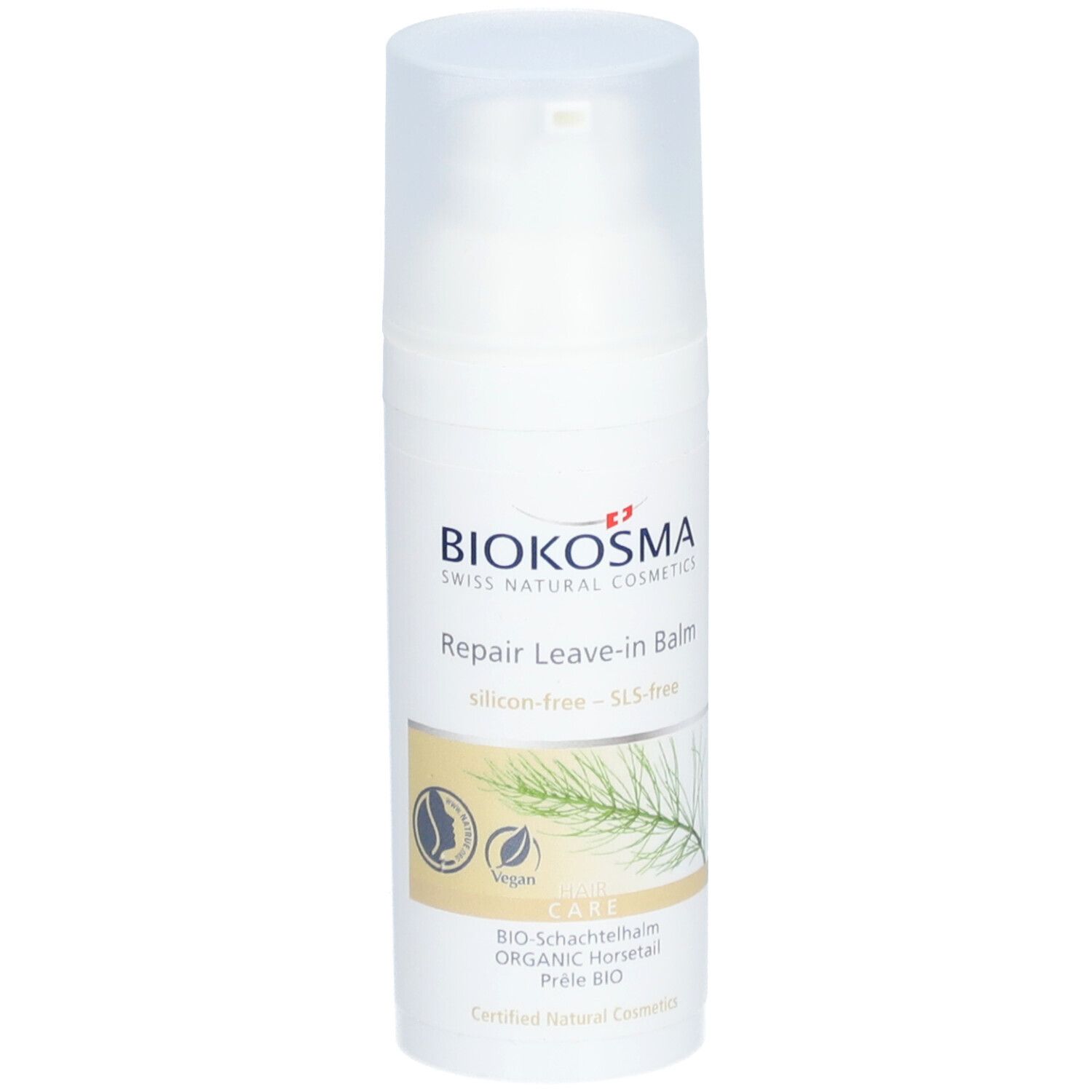 Witte fles met pomp. Opschrift: Biokosma Repair Leave-in Balm. Vegan-logo en bio-heermoes-logo.