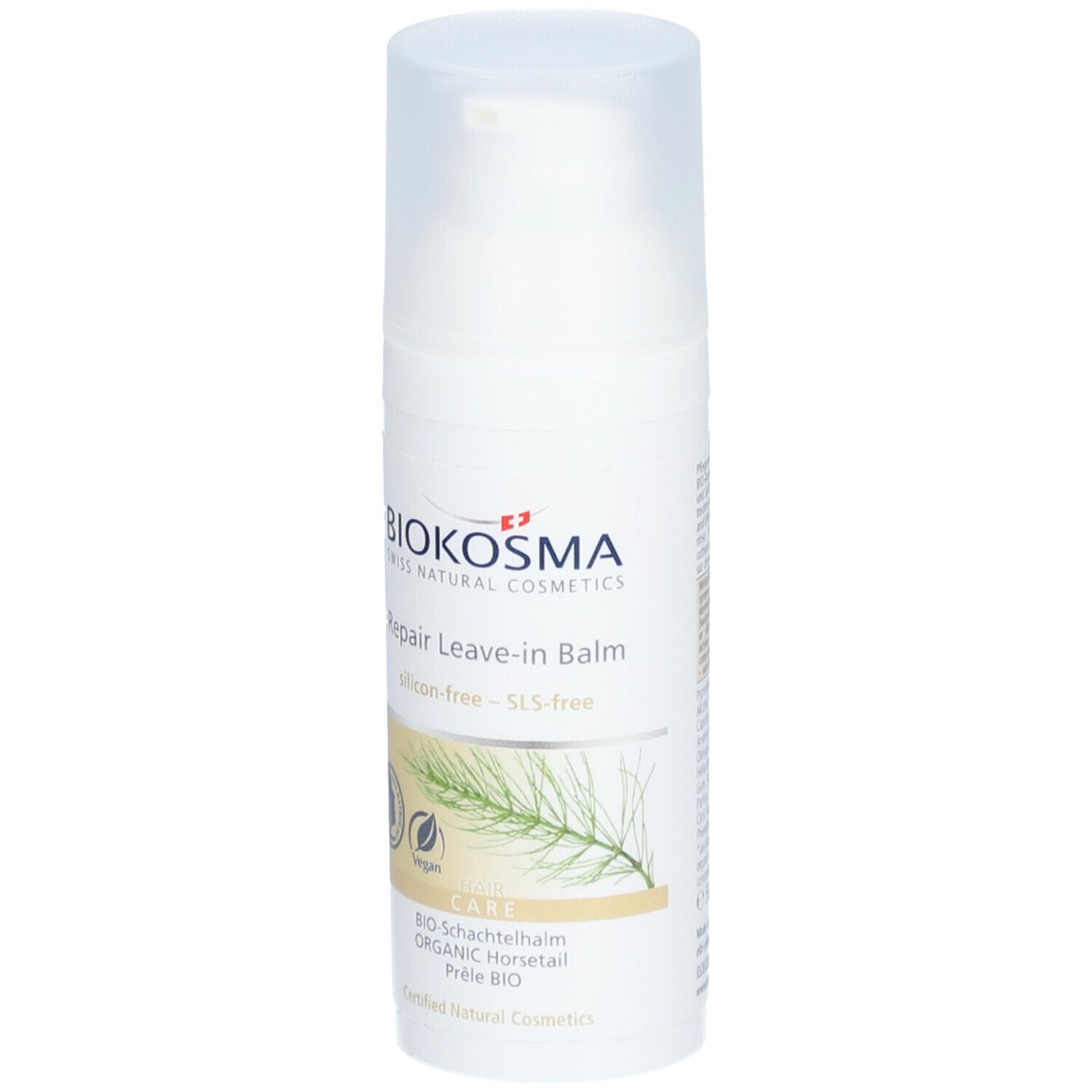 Witte fles met pomp. Opschrift: Biokosma Repair Leave-in Balm. Vegan-logo en bio-heermoes-logo.
