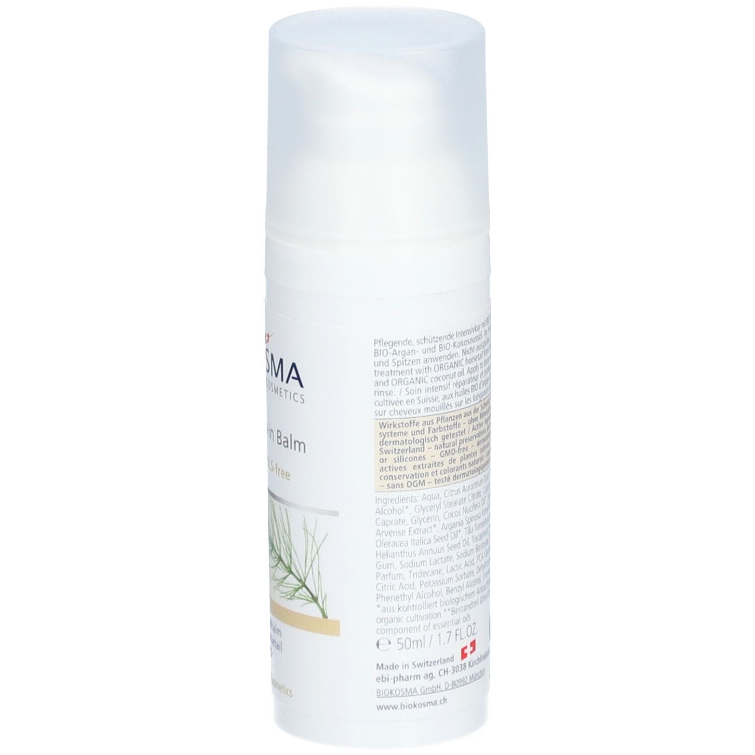 Witte fles met pomp. Tekst met ingrediënten en fabrikantinfo. Productnaam: Biokosma Repair Leave-in Balm.